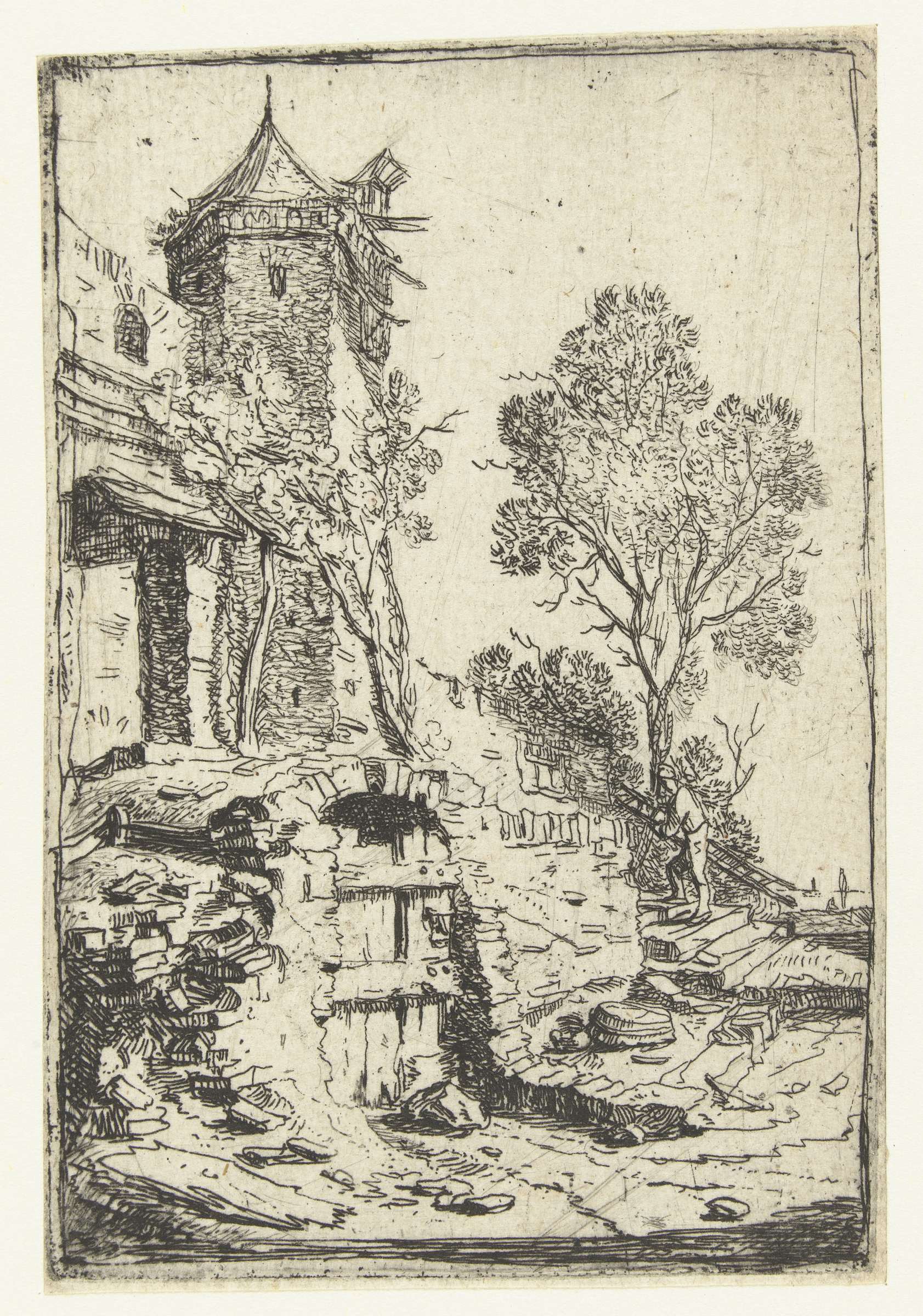 Etching by Bartholomeus Breenbergh depicting a dilapidated house and hexagonal tower