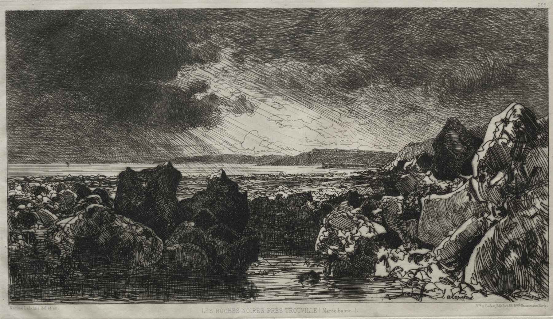 Black Rocks near Trouville, oil on canvas by Maxime Lalanne, depicting rocks and shoreline at low tide.