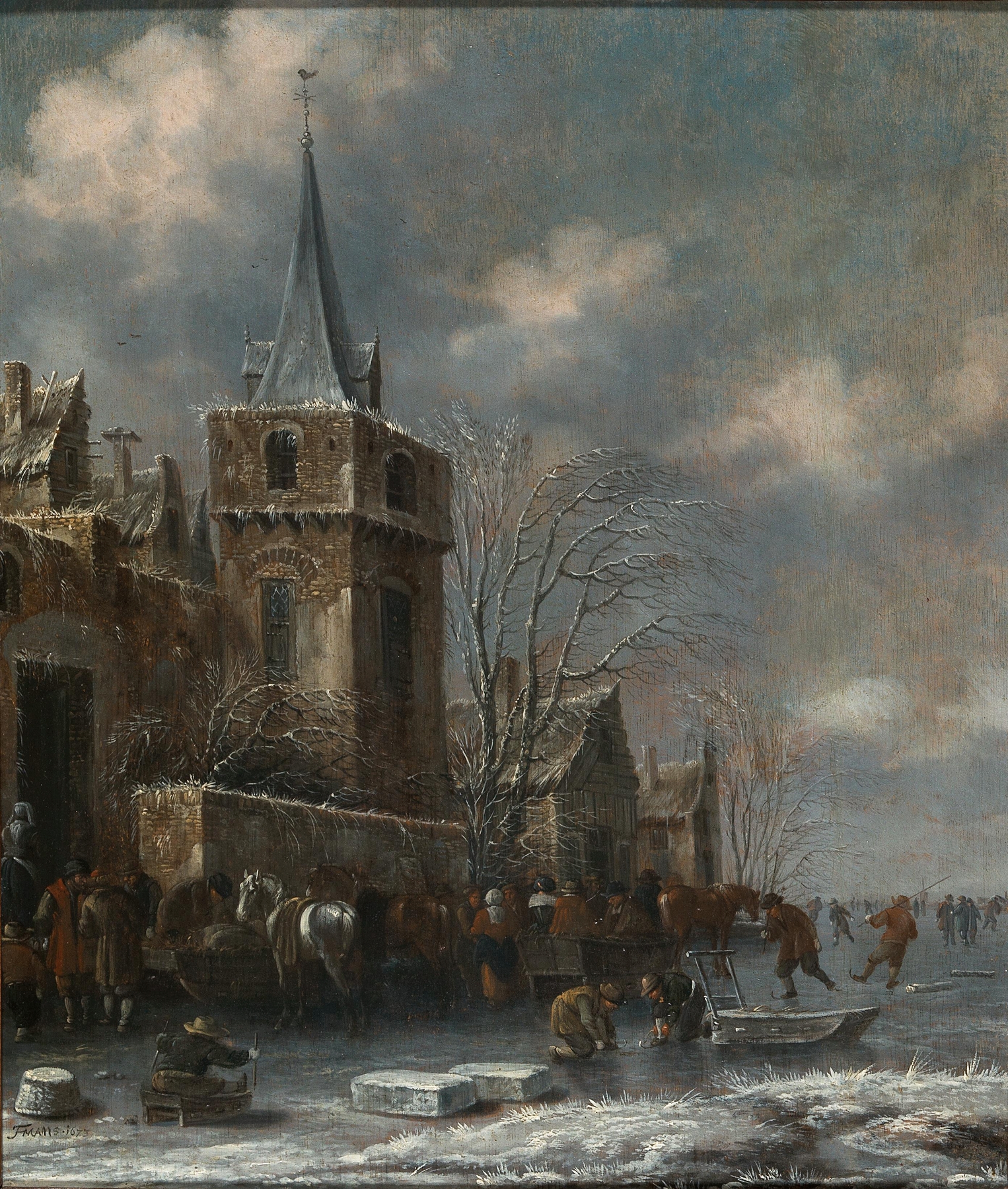 A winter landscape with skaters on ice, oil on canvas by Thomas Heeremans
