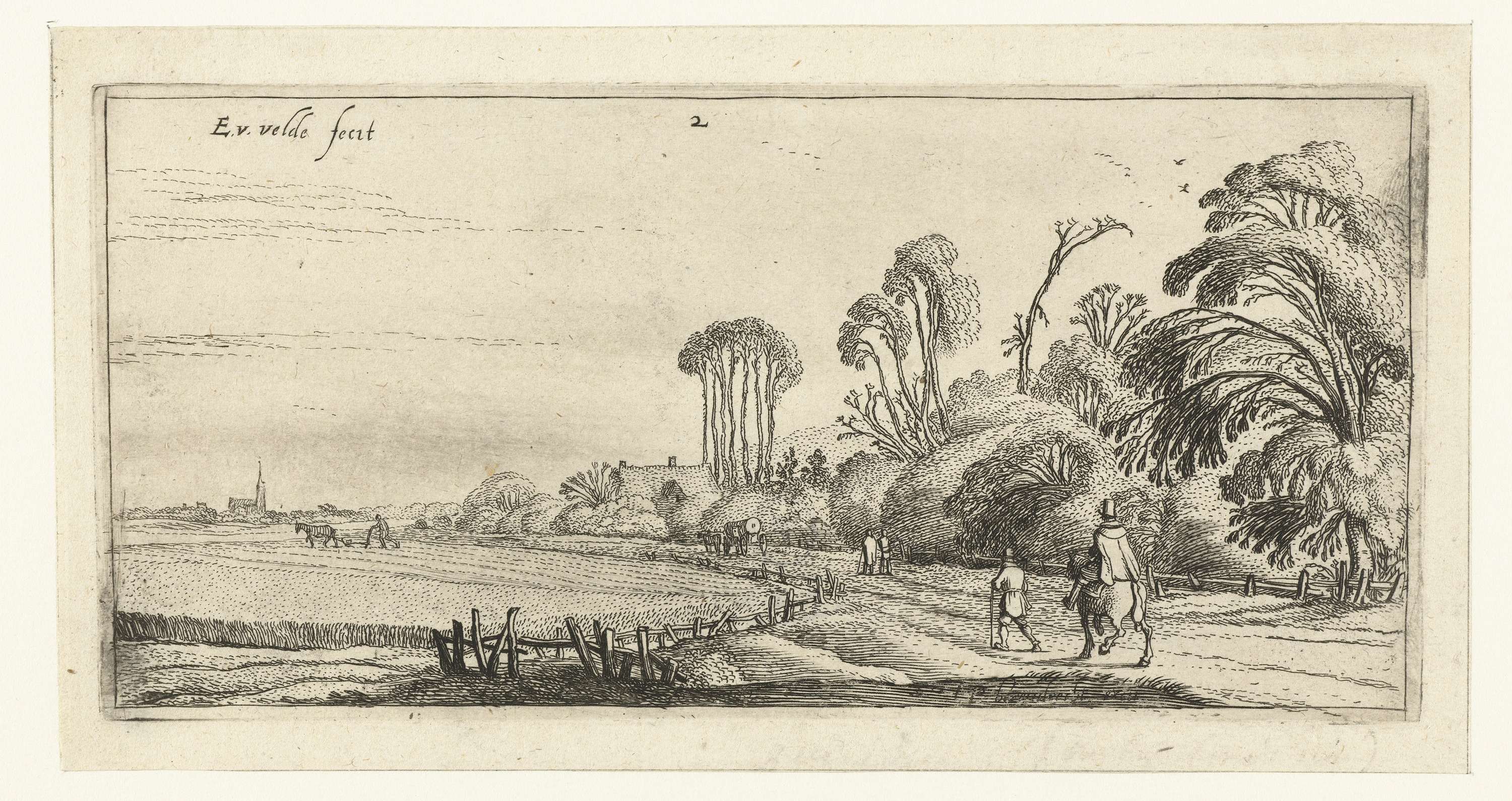 Etching by Esaias van de Velde depicting a landscape with a rider and a walker on a path
