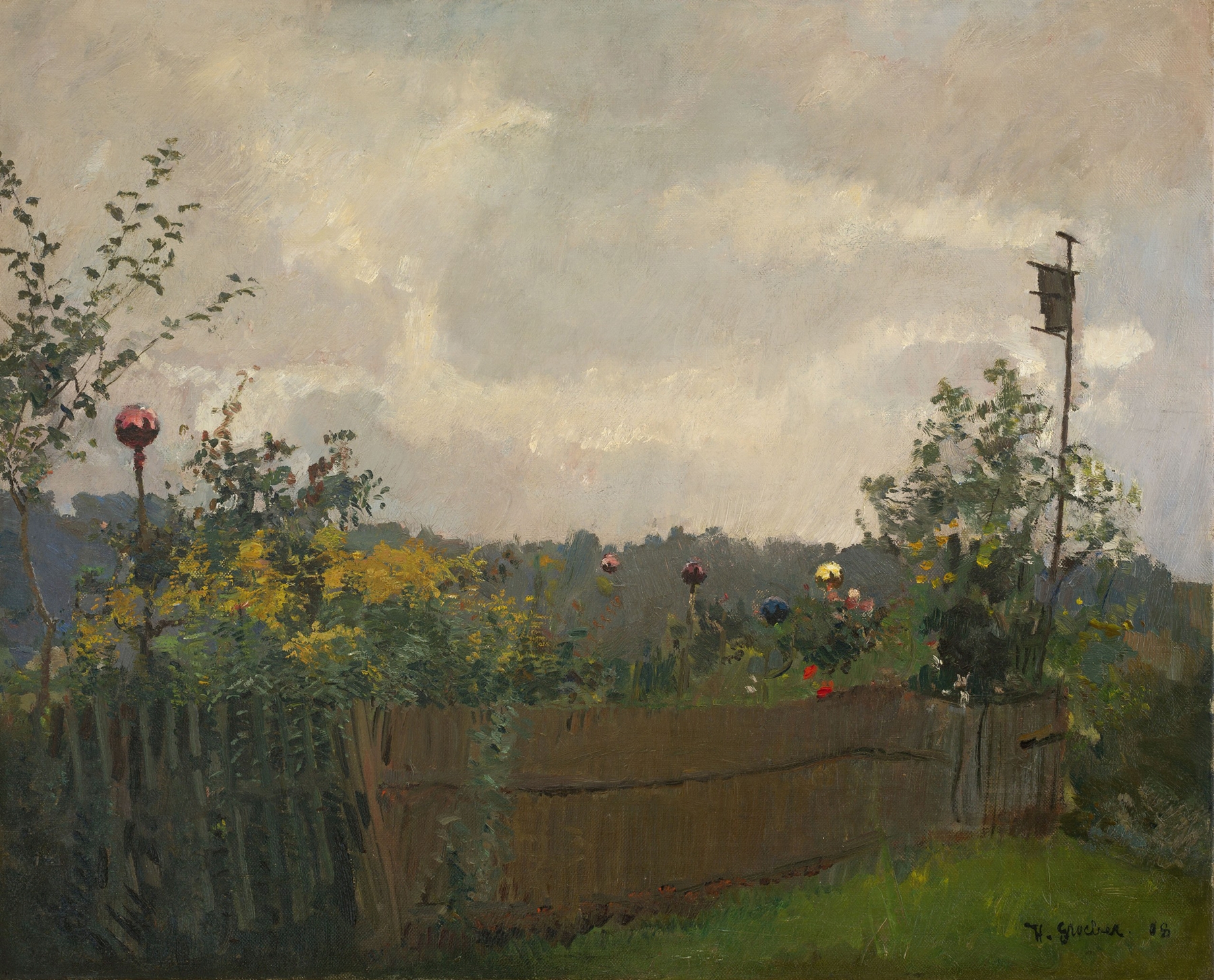 Botanical scene featuring a garden with vibrant flowers, oil painting by Hermann Groeber