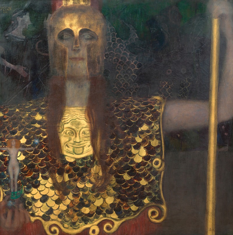 Gustav Klimt's 'Pallas Athene' features a powerful figure representing wisdom.