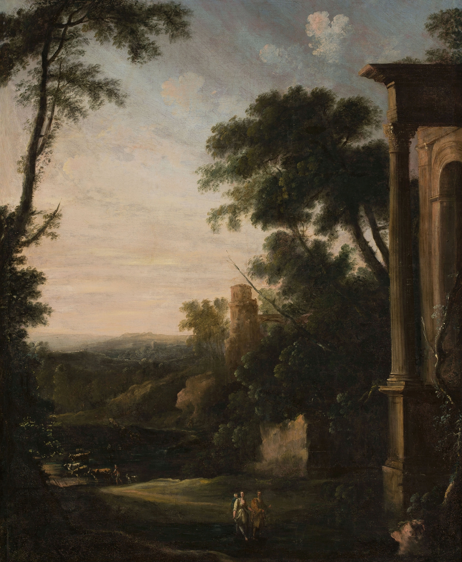 Landscape with architecture and staffage, oil on canvas by Pierre Antoine Patel the younger