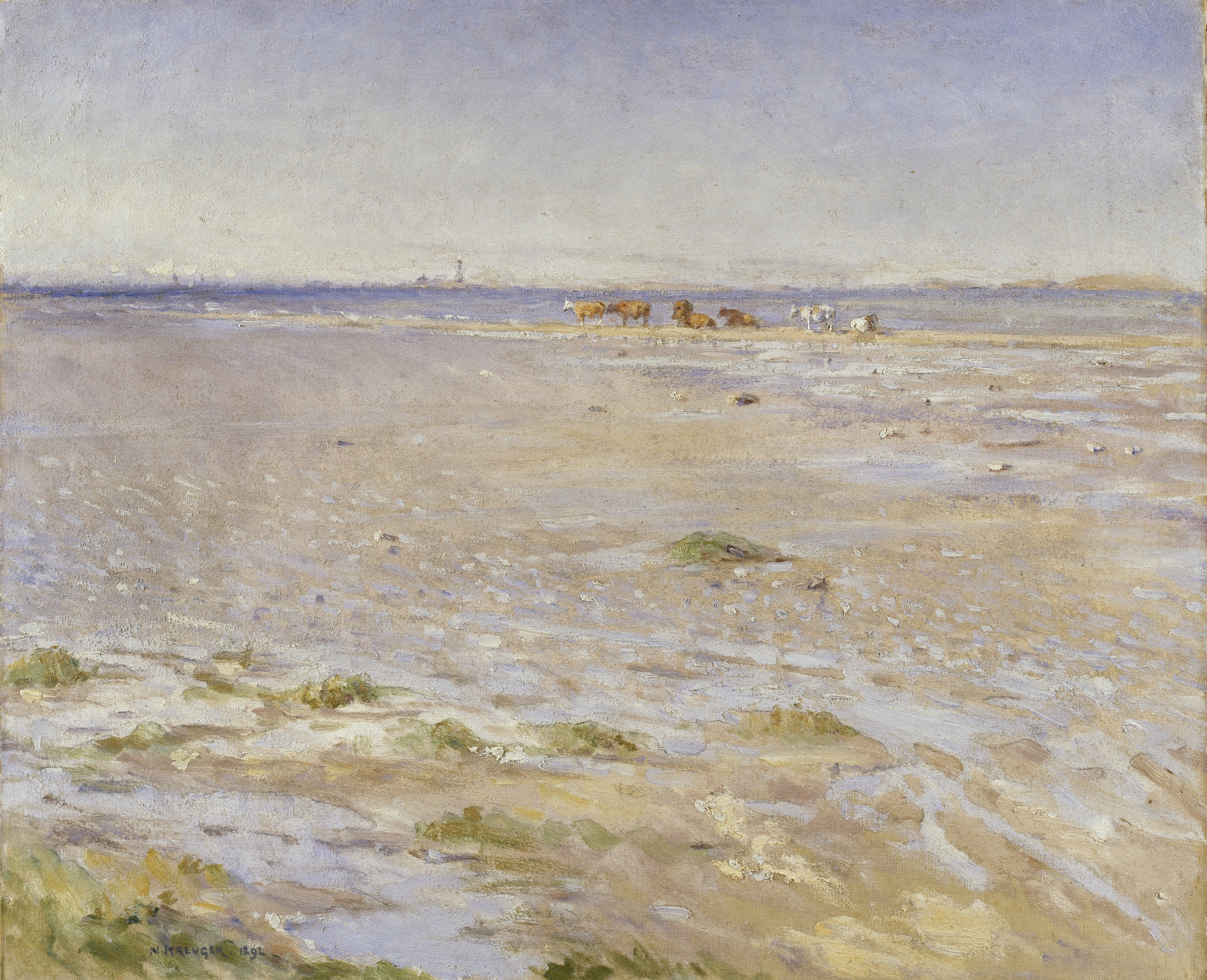 Coastal scene by Nils Kreuger, oil on canvas depicting waves and horizon.