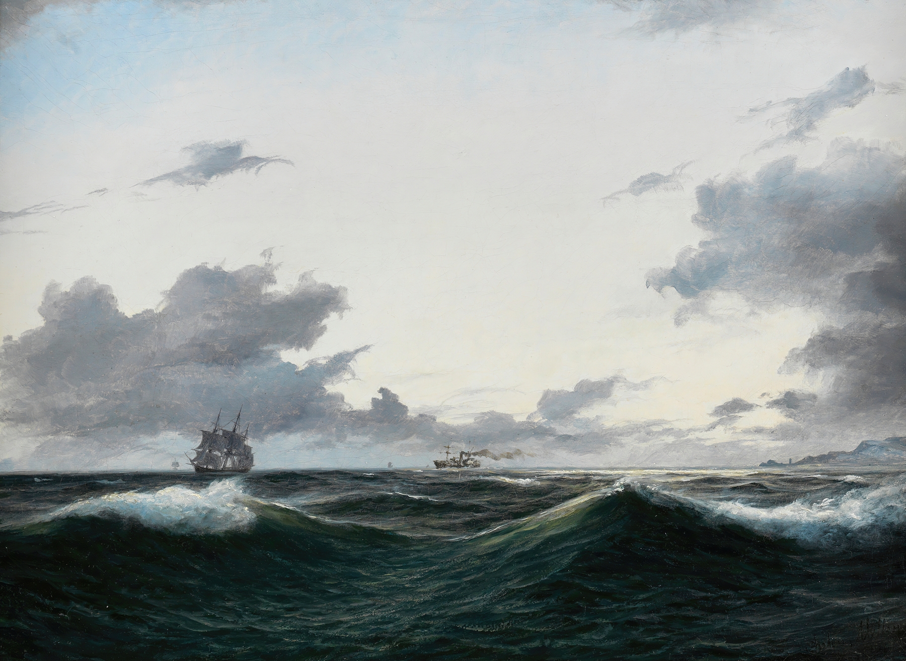 Segelschiff und besegelter Dampfer auf See vor einer Küste, by Anton Melbye, public domain