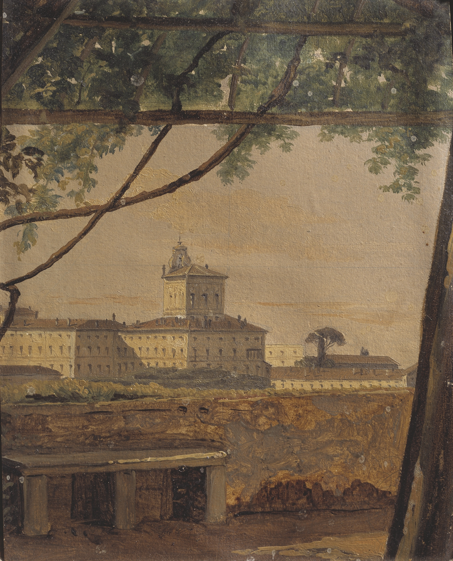 Landscape depicting Quirinal Palace with lush greenery, oil painting by Gustaf Söderberg.