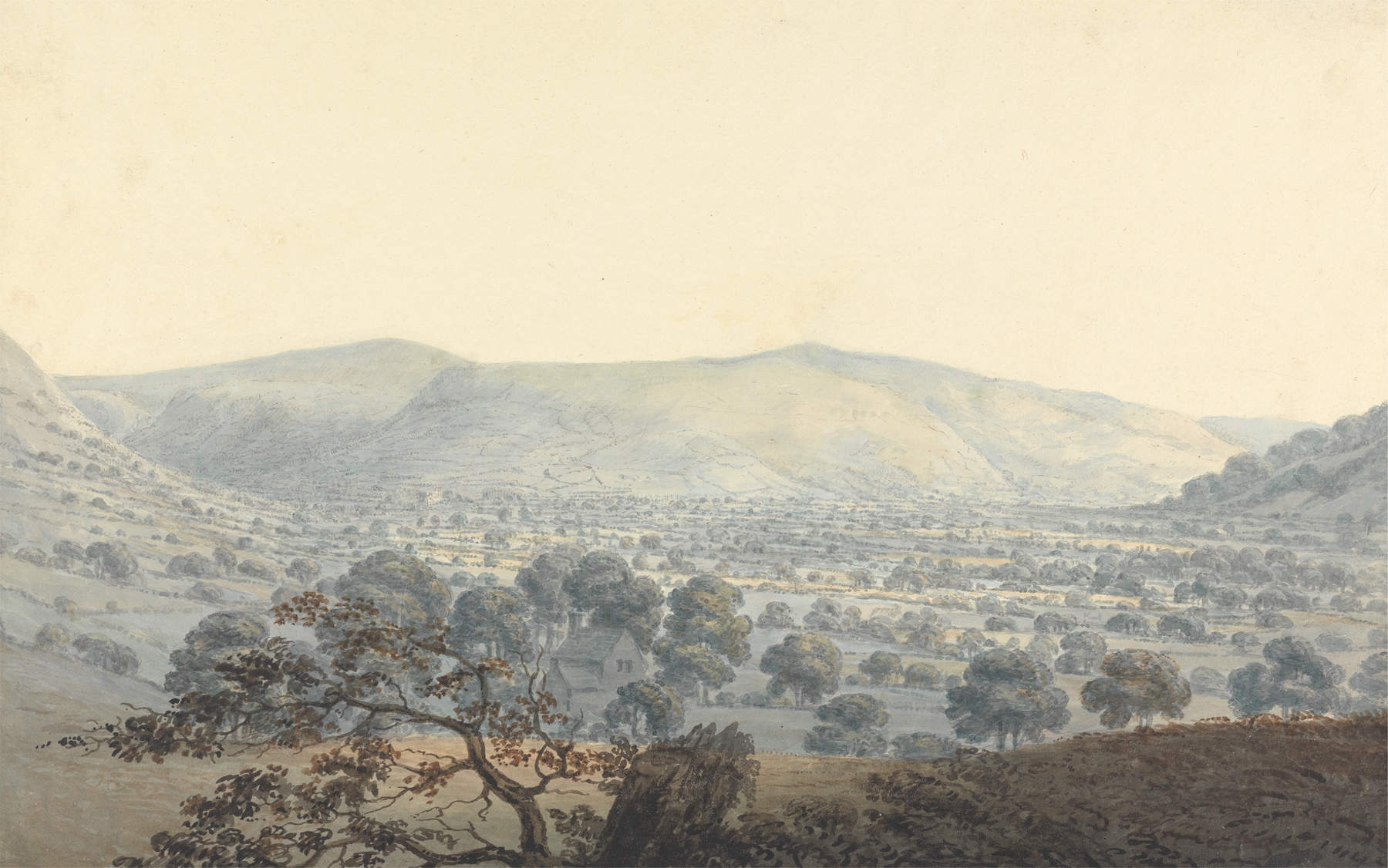 Distant view of Llandrillo, watercolor on paper by Moses Griffith, featuring rolling hills and a tranquil sky.