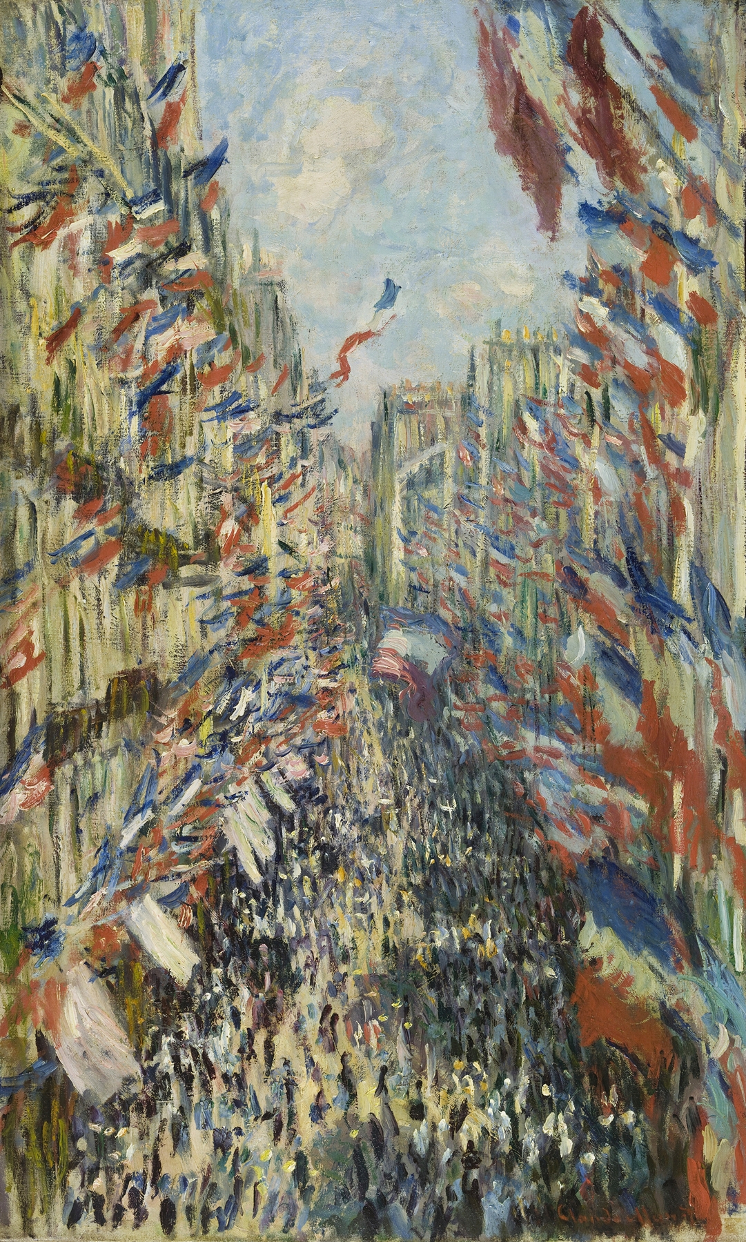 The Rue Montorgueil in Paris, oil on canvas by Claude Monet, depicting a festive crowd with colorful flags.