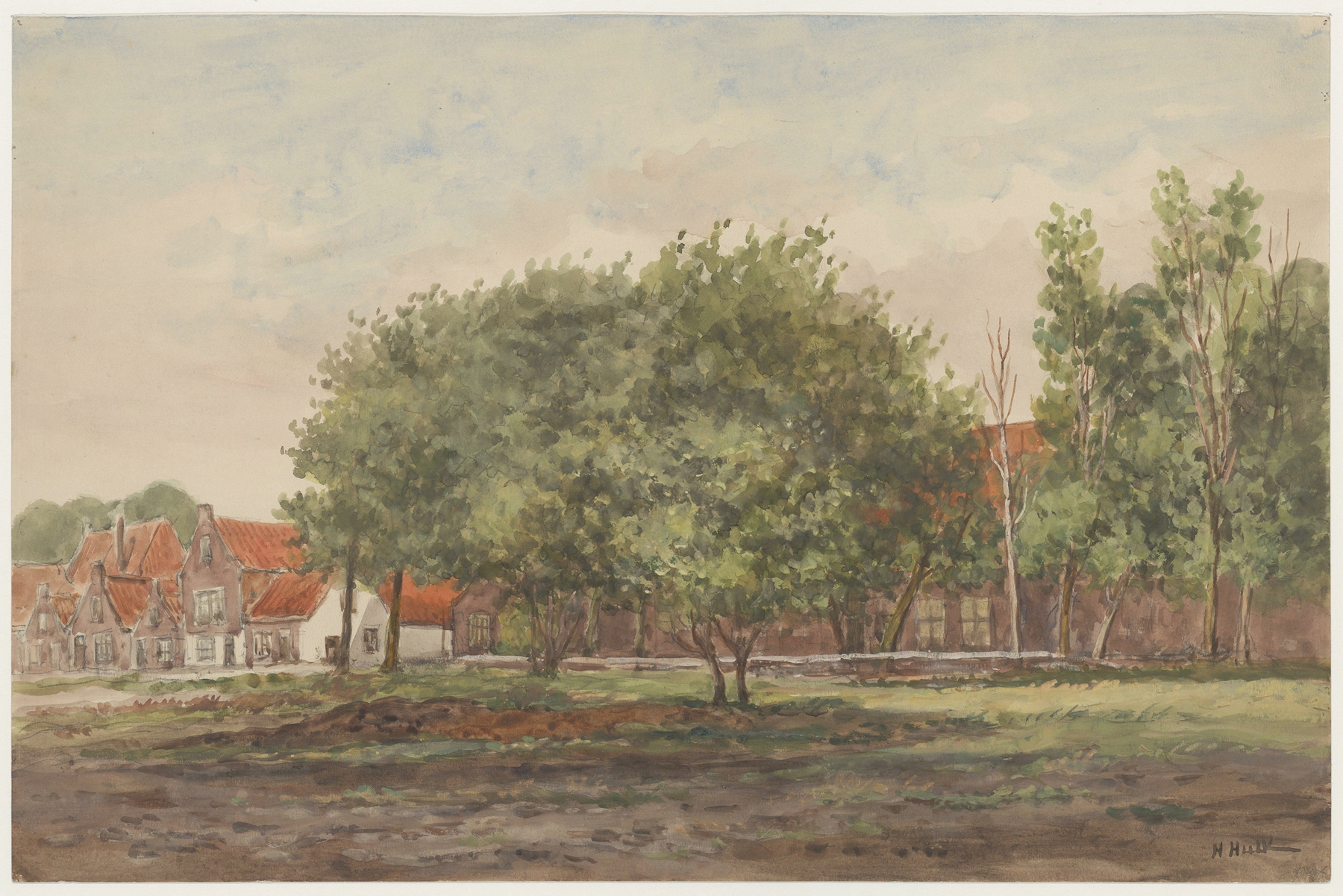 Landscape oil painting by Hendrik Hulk depicting a canal with reflections