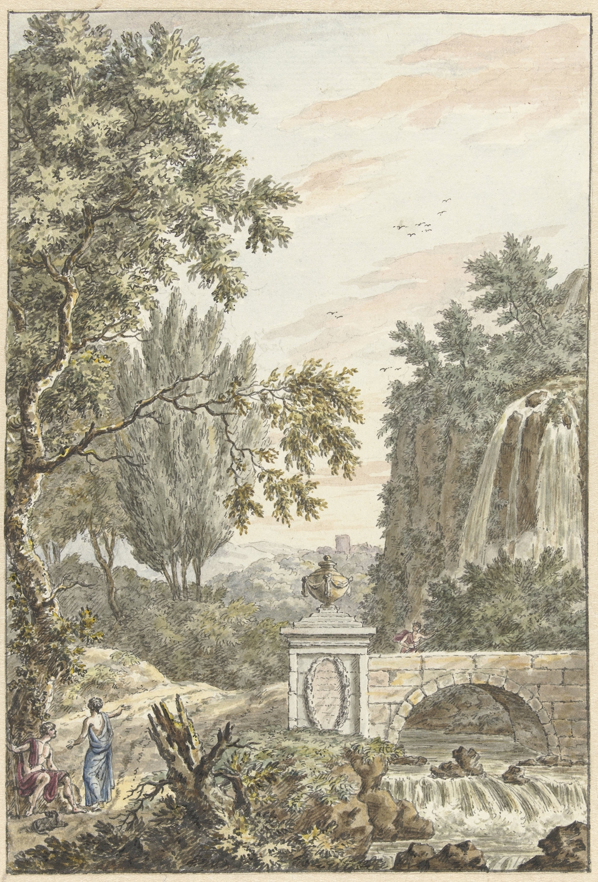 Arcadisch boslandschap met een waterval by Dirk Versteegh, depicting a waterfall and young men in a forest, oil painting