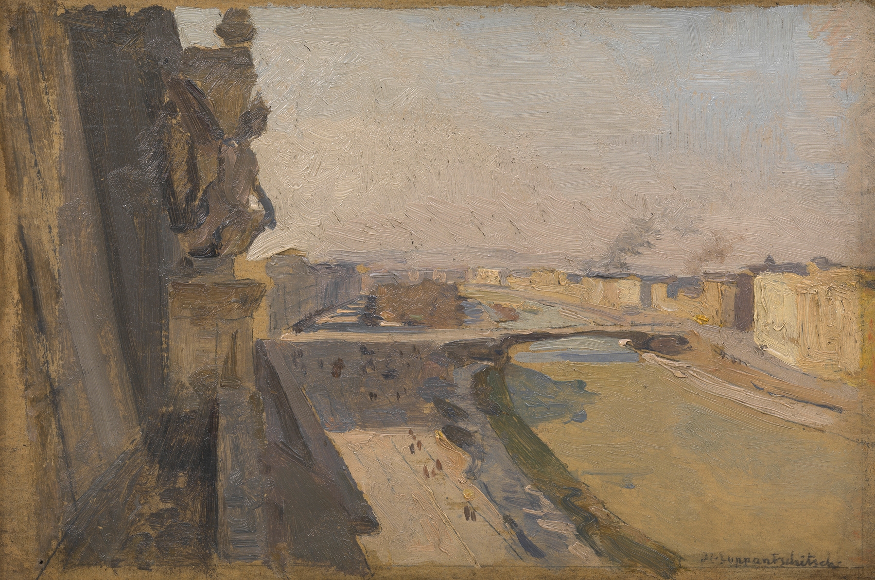 Franz-Josephs-Kai mit Donaukanal by Maximilian Suppantschitsch, oil painting depicting a canal landscape.
