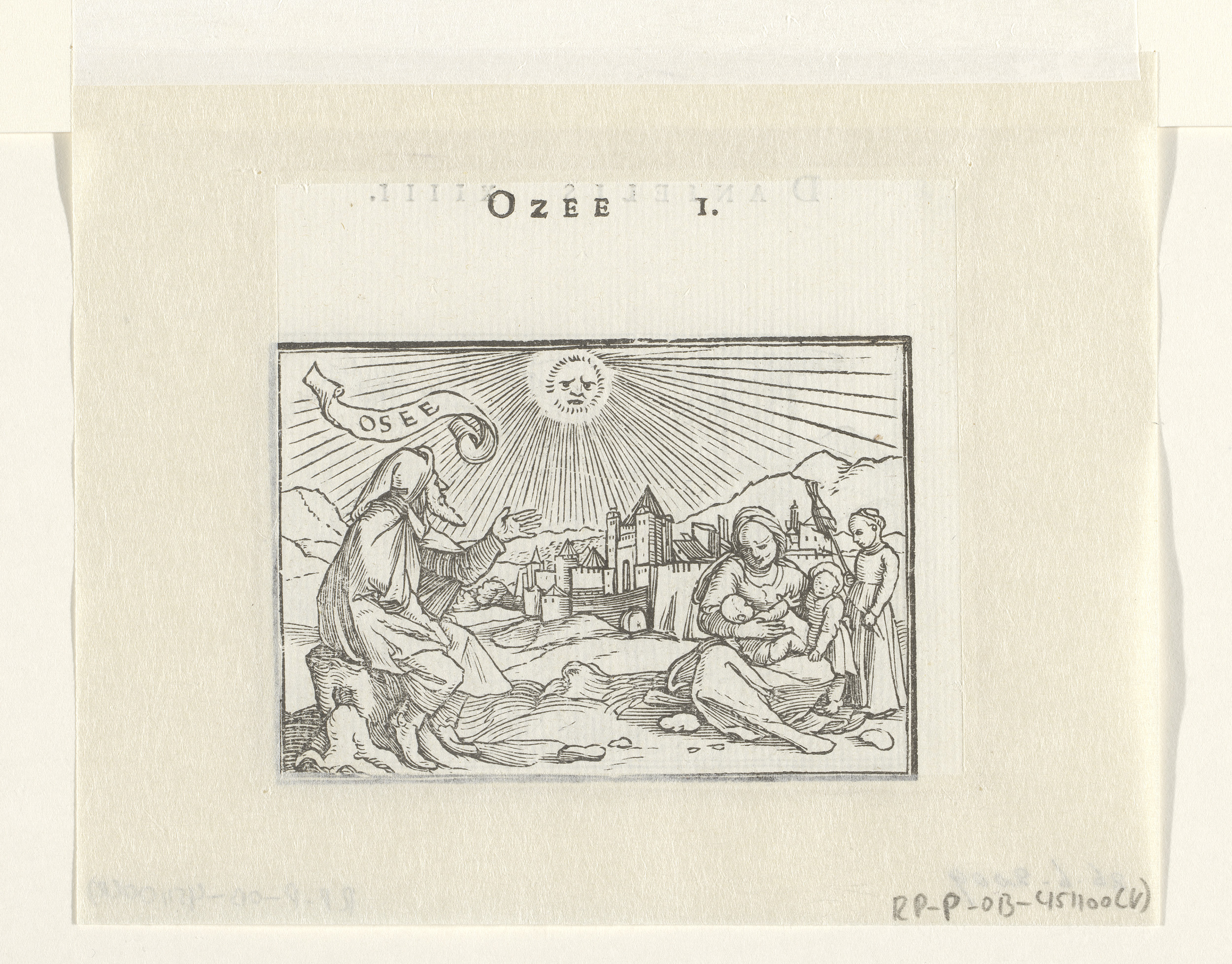 Hosea met zijn vrouw en drie kinderen, etching by Hans Holbein (II)