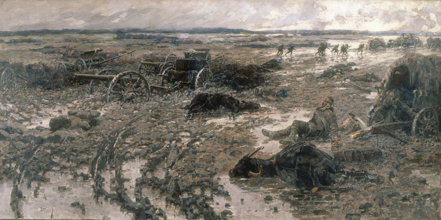 Historical scene with soldiers in shadows during a retreat, oil painting by Jaroslav Věšín