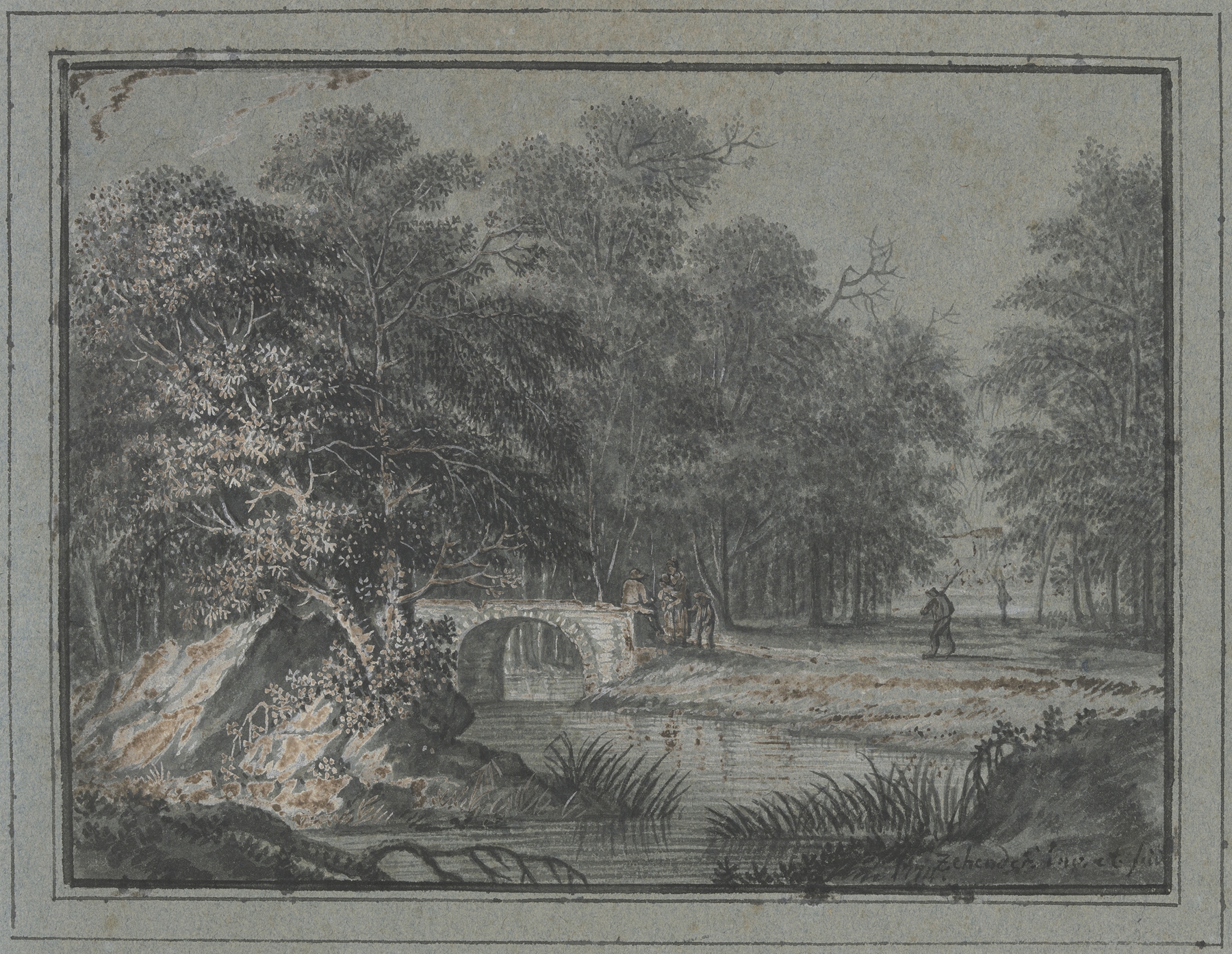 Wald mit Wasser und einer Brücke by Johann Caspar Zehender, oil on canvas depicting a bridge, forest, and figures