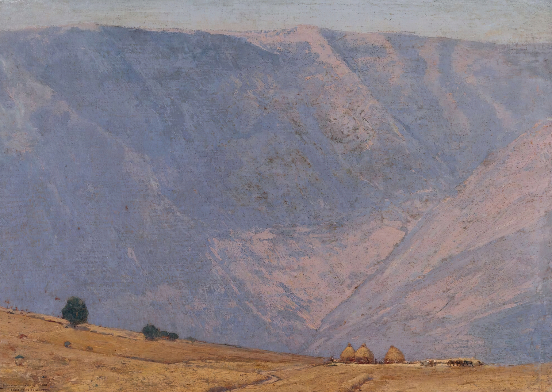 Landscape oil painting by Mariano Barbasán depicting fields and sunlight