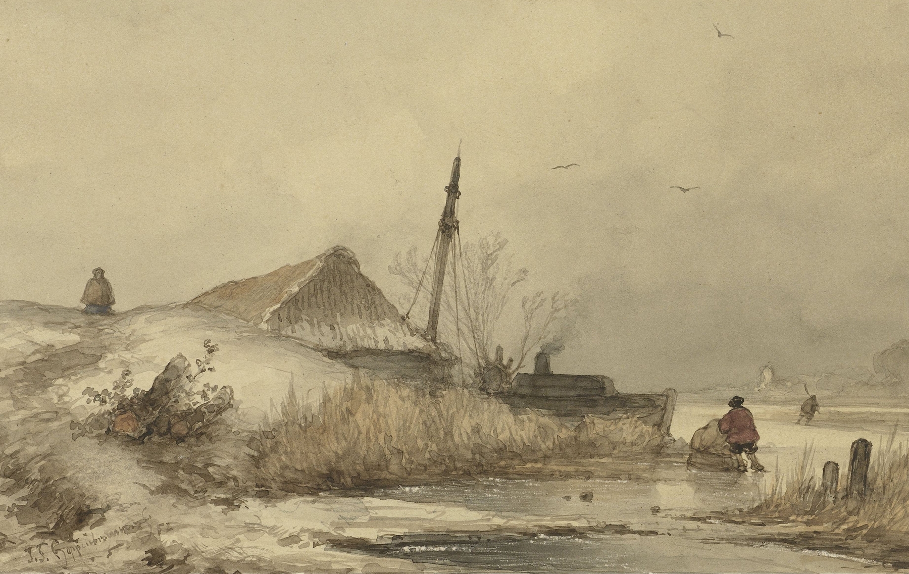 Winter landscape with farmhouse and river, oil on canvas by Johannes Franciscus Hoppenbrouwers