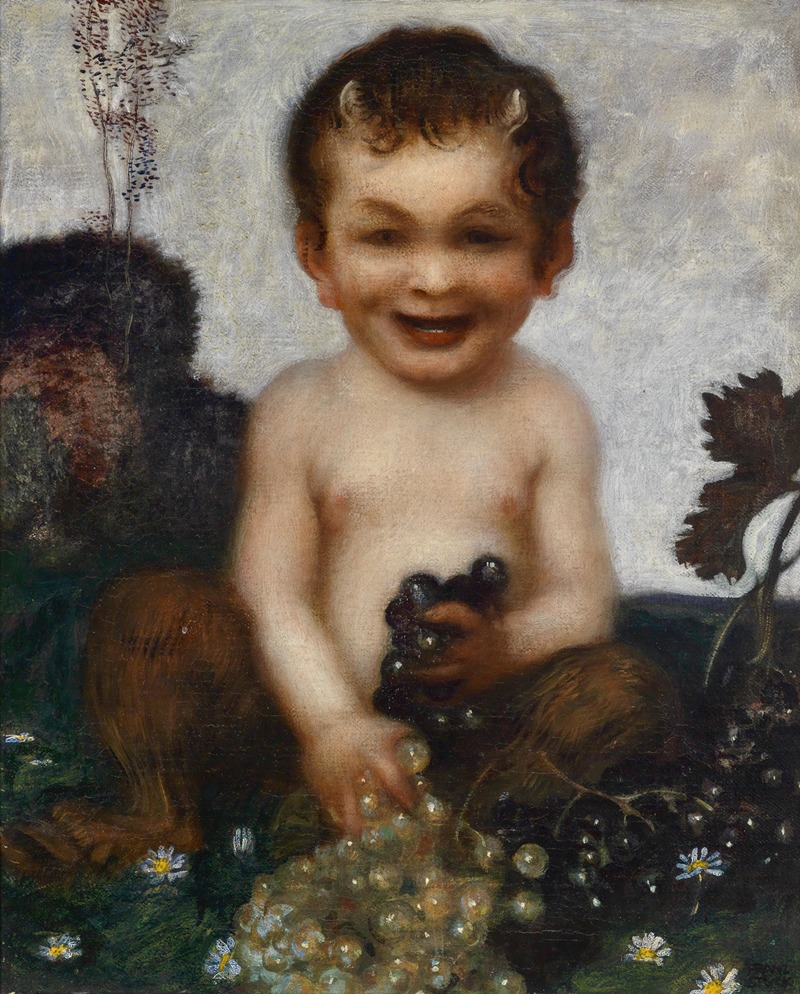 Franz von Stuck's 'Junger Faun' depicts a young faun in a lush, dreamlike setting.