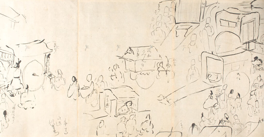 Ink on paper by Matsudaira Sadanobu depicting warriors and spirits in a historical scene