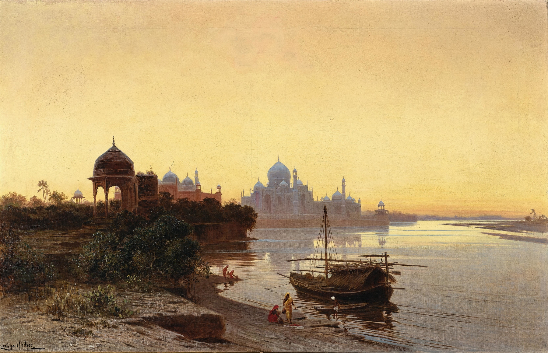 Oil on canvas by Ludwig Hans Fischer depicting the Taj Mahal at dusk