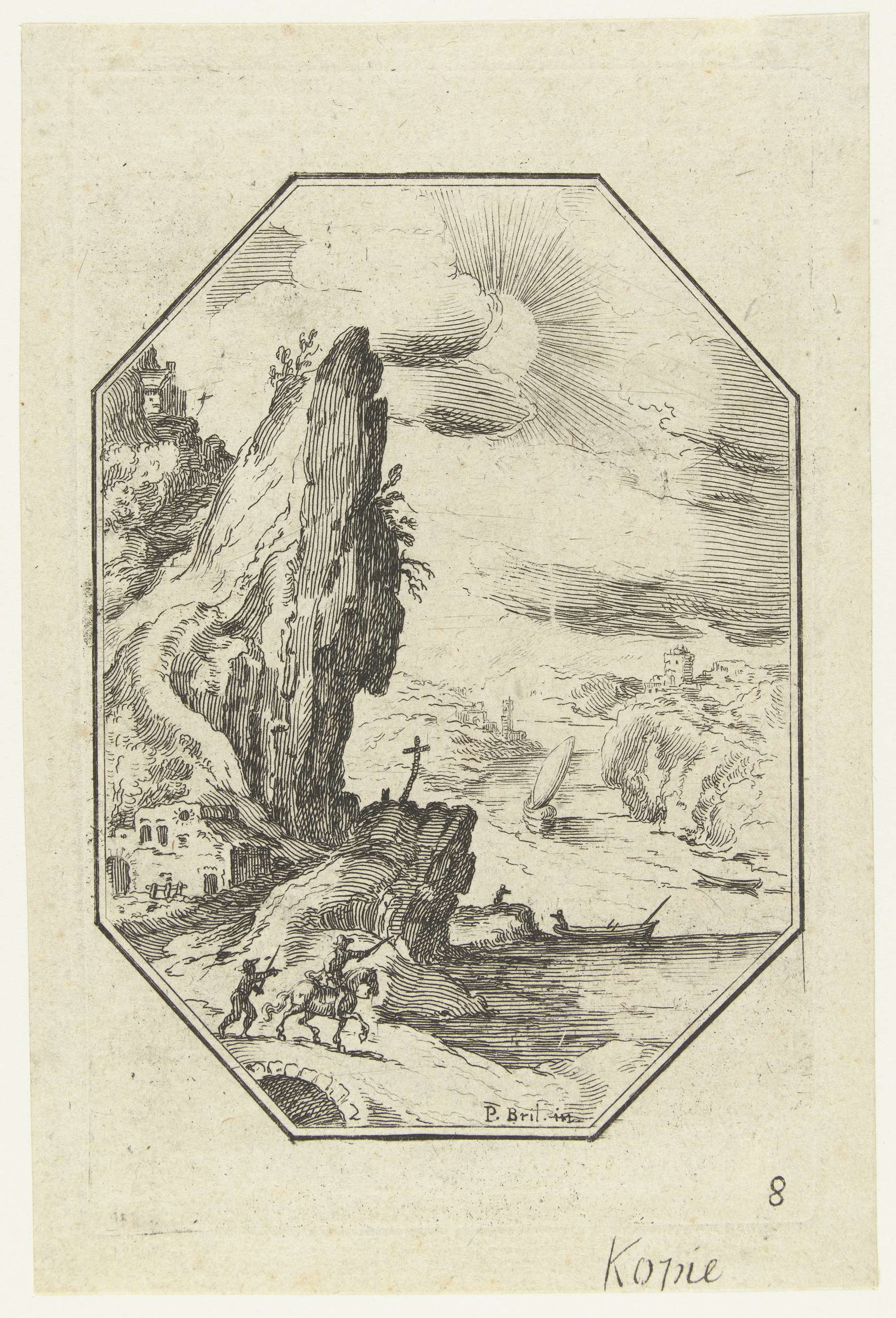 Landschap met ruiter in octagonaal kader, by Unknown Artist, public domain