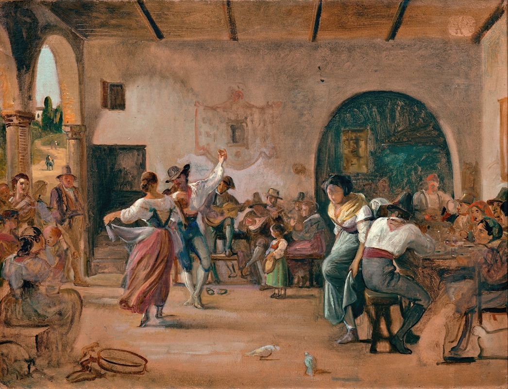 A lively depiction of people dancing in a rustic Italian tavern.