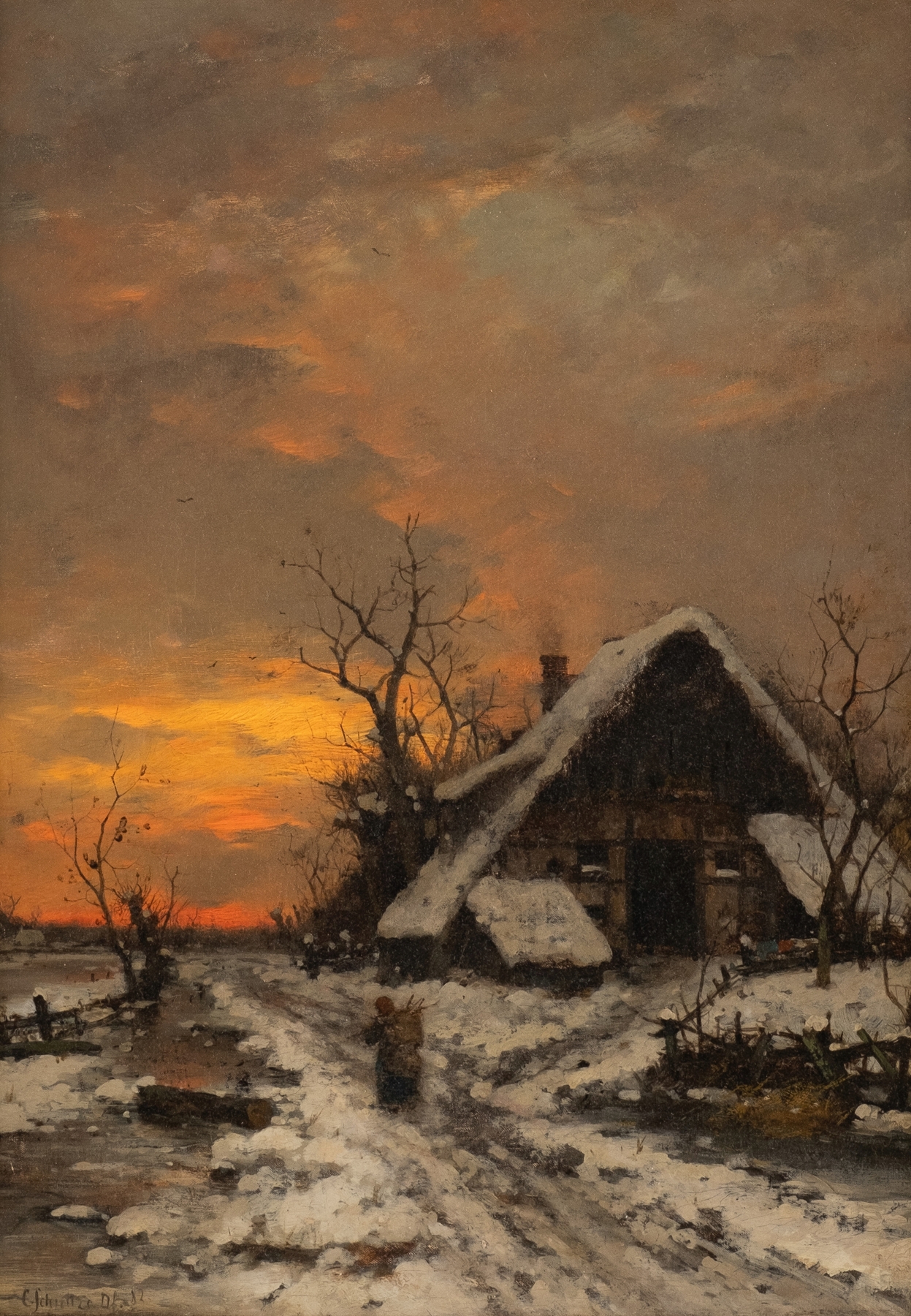 Evening winter landscape, by Carl Schultze, public domain
