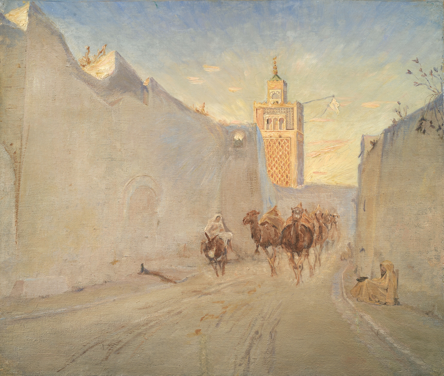 Camels in a street in Tunisia, oil painting by Theodor Philipsen