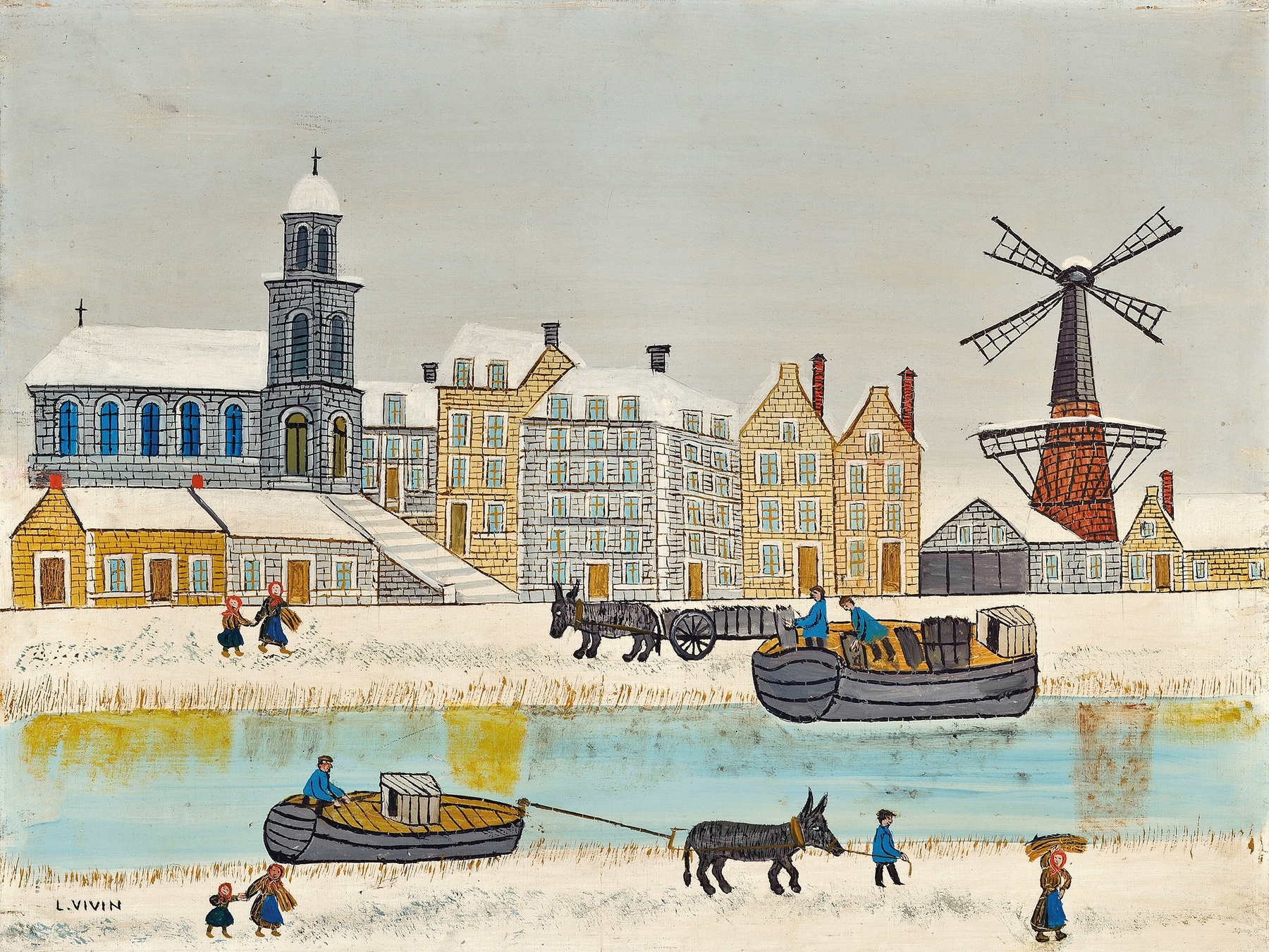Winter landscape with a canal, trees, and a mill by Louis Vivin, oil painting