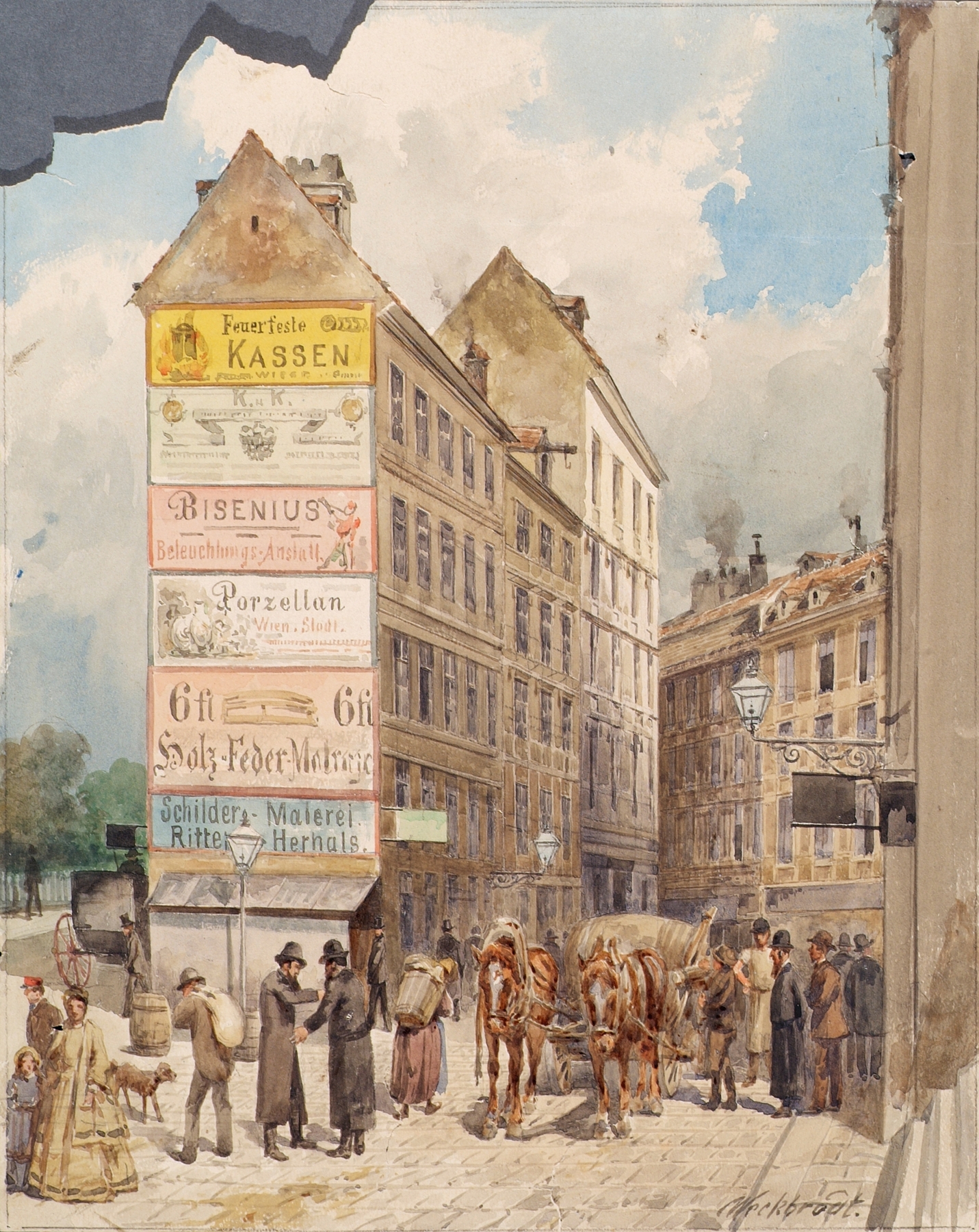 Landscape oil painting by Ferdinand Weckbrodt featuring cobblestones and urban light.