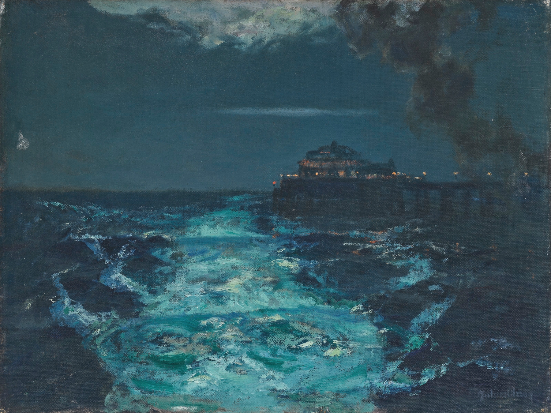 Marine scene at Plymouth Pier by Julius Olsson, oil painting
