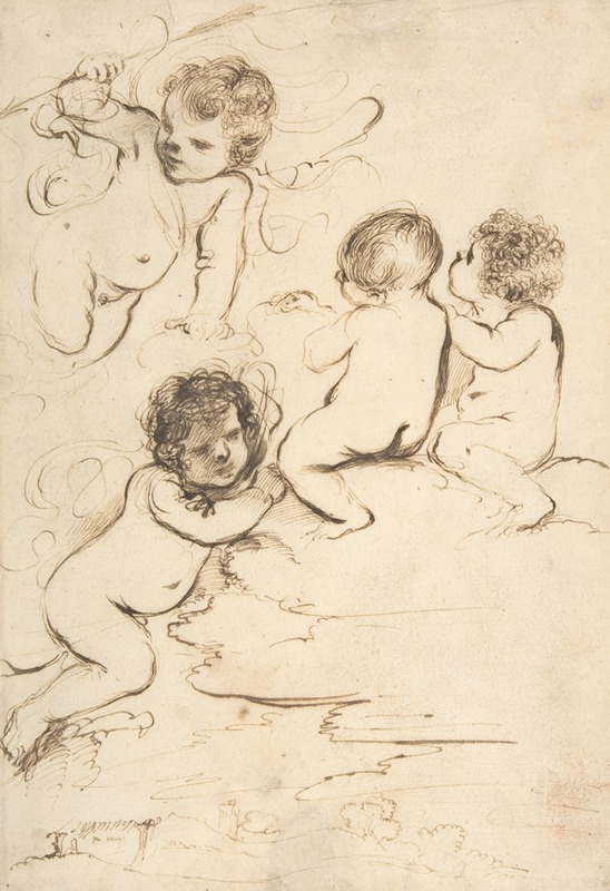 Guercino's painting features putti with bow and arrows above a serene landscape.