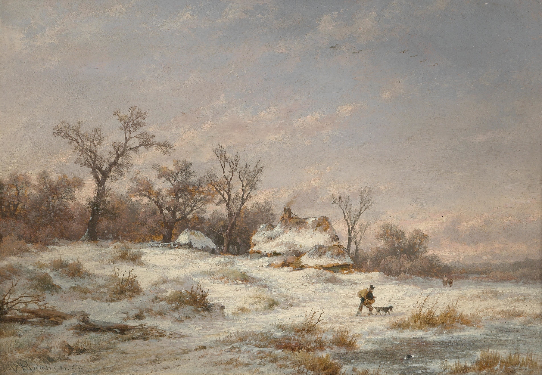 Winter landscape with decorative figures, by Remigius Adrianus van Haanen, public domain