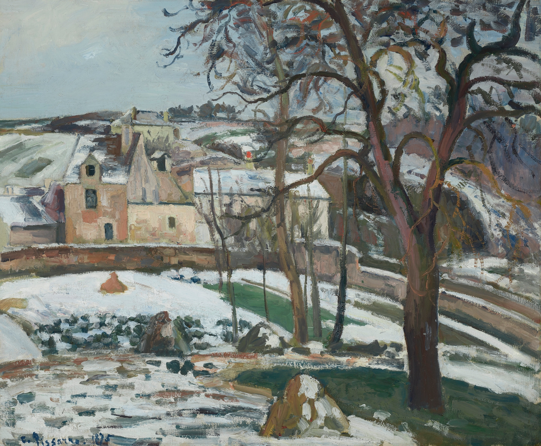 Snow-covered landscape with trees, oil painting by Camille Pissarro