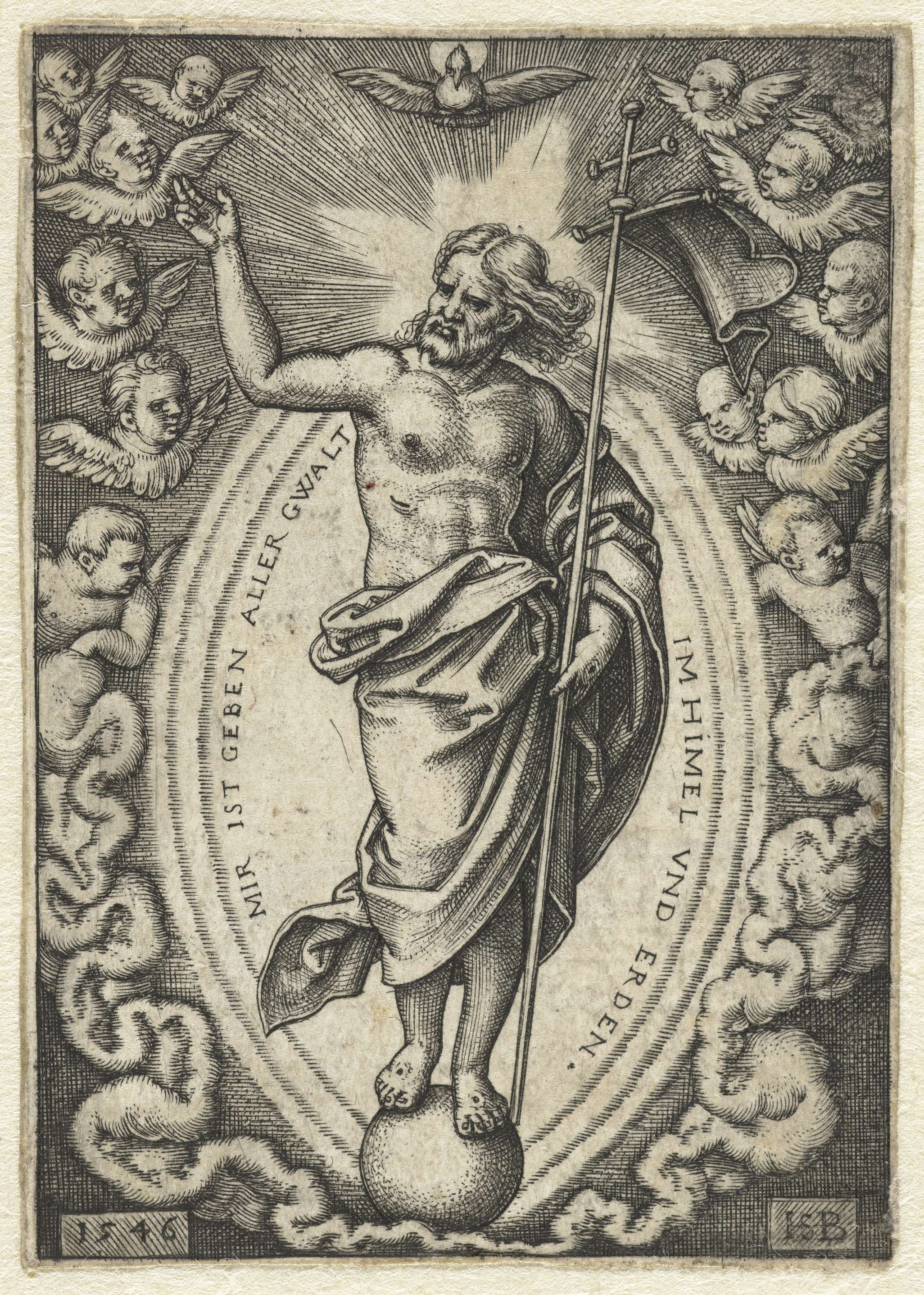 Engraving by Hans Sebald Beham depicting Christ standing on a globe