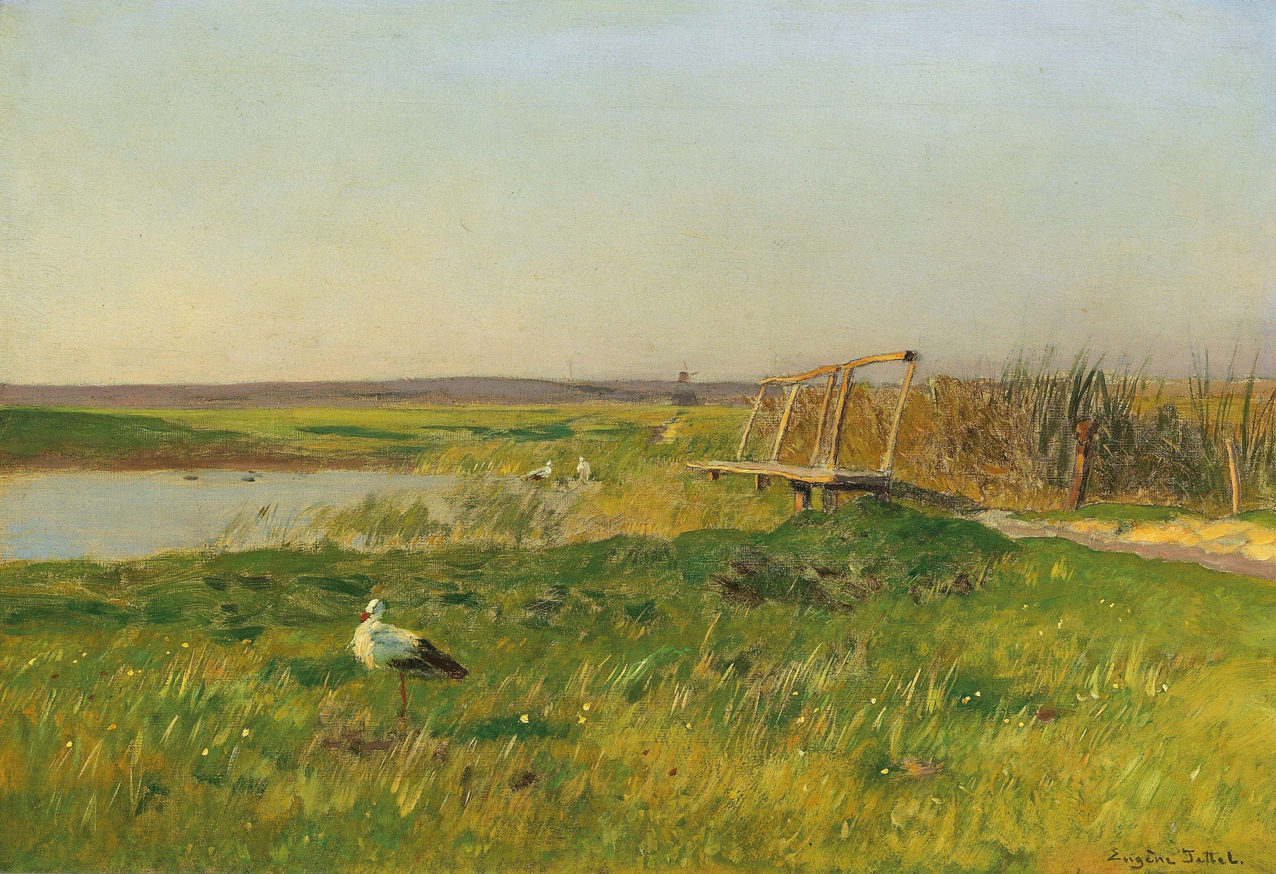 Realism oil painting by Eugen Jettel depicting storks by a pond