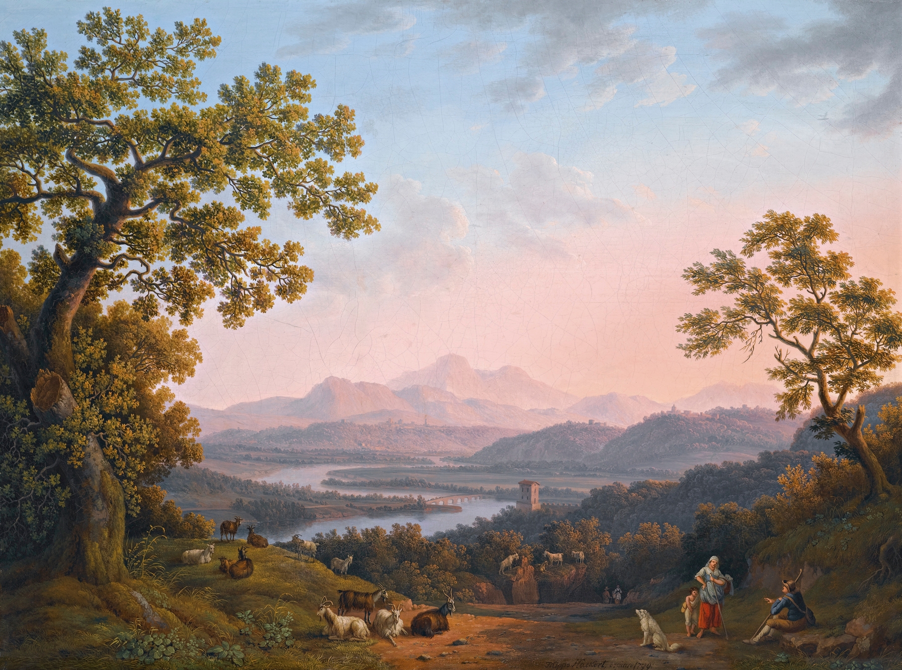 A View Along The Valley Of The River Tiber Towards Poggio Mirteto, And Beyond The Sabine Mountains Lit Up By The Evening Sun, by Jacob Philipp Hackert, public domain