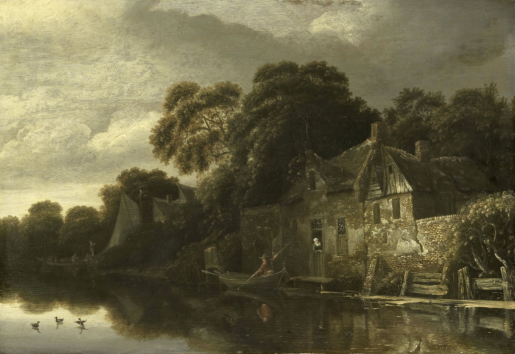 Old Cottage on the Water by Michiel van Vries, oil painting depicting a cottage by the water