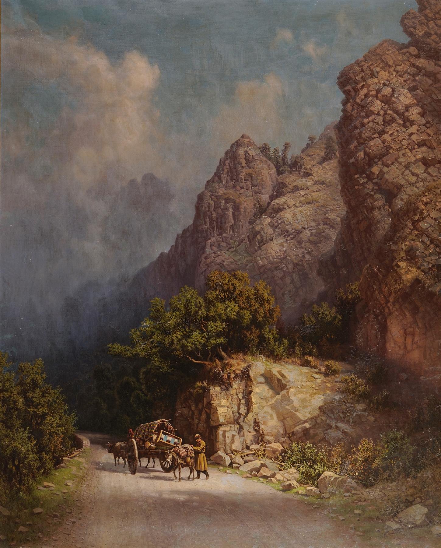Ox-drawn cart in the mountains, oil painting by Ilya Nikolaevich Zankovsky