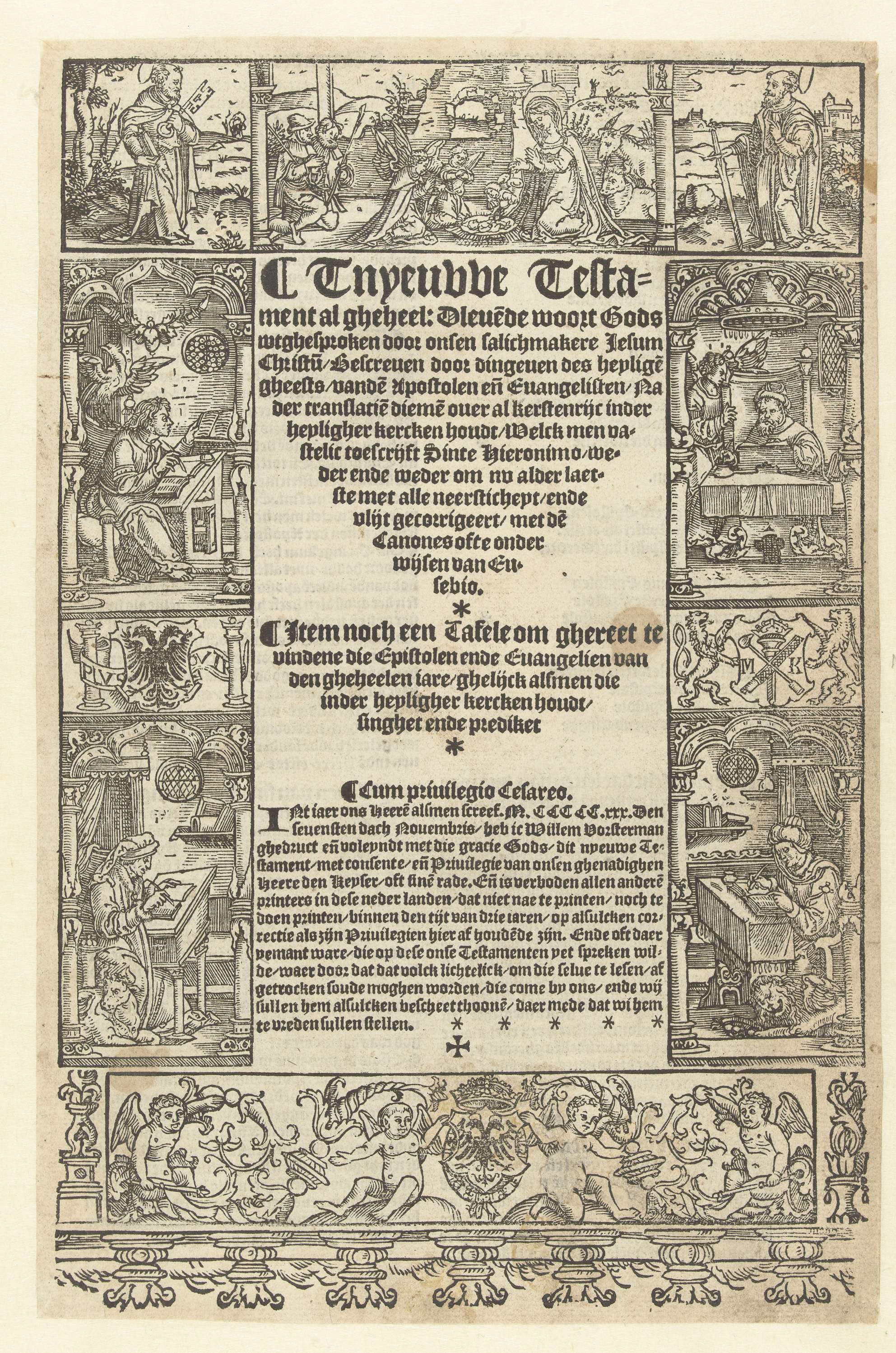 Titelblad Nieuwe Testament by Jan Swart van Groningen, paper medium, featuring ornate religious figures.