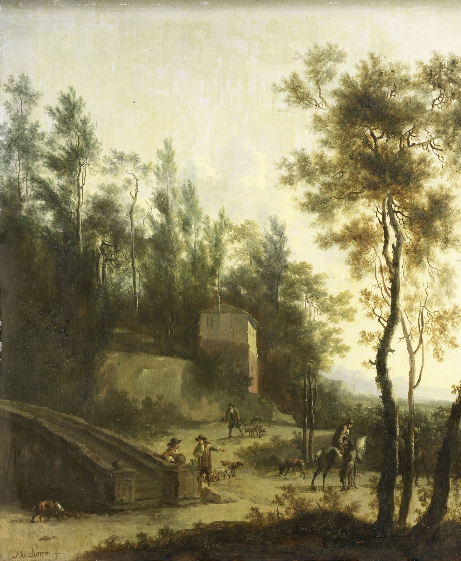 Italian Landscape with Hunters, by Frederik de Moucheron, public domain