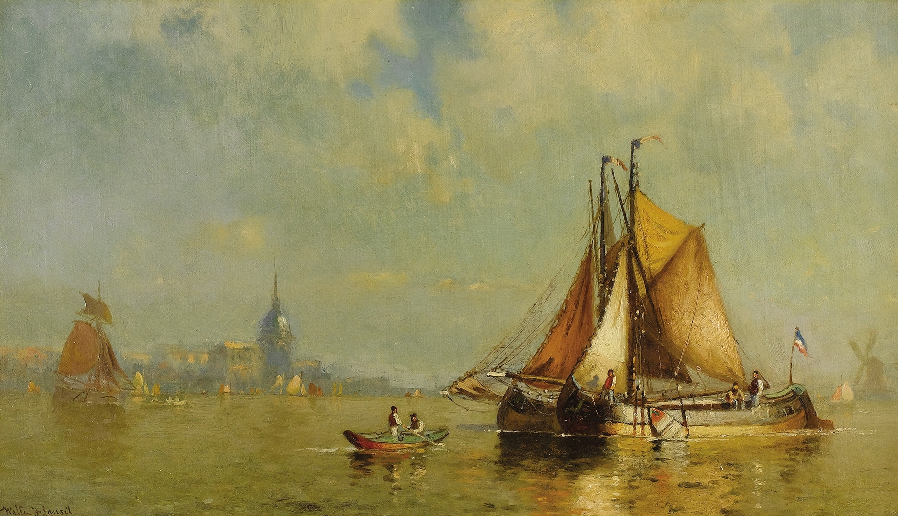 Oil painting by Walter Franklin Lansil depicting boats in Dordrecht Harbor, Holland.