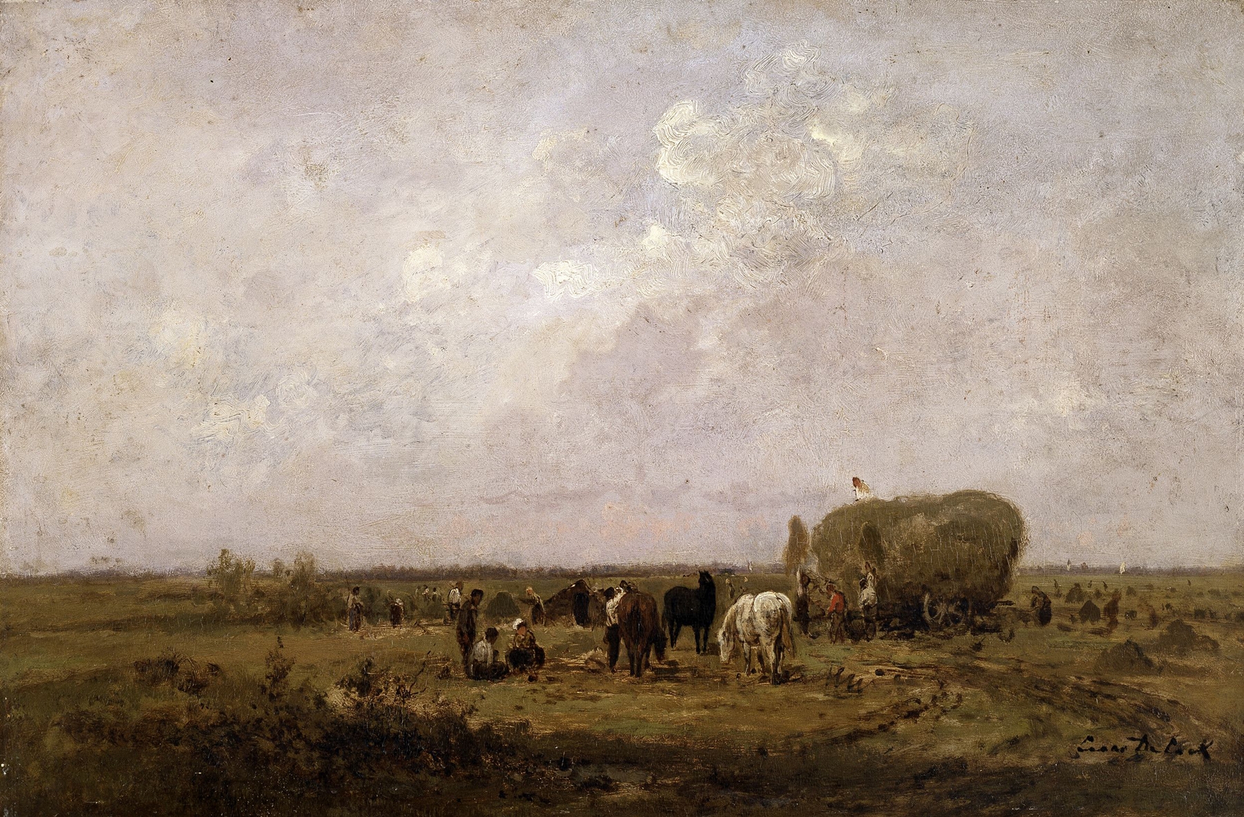 Haymaking by César De Cock, oil on canvas depicting laborers working in a summer landscape