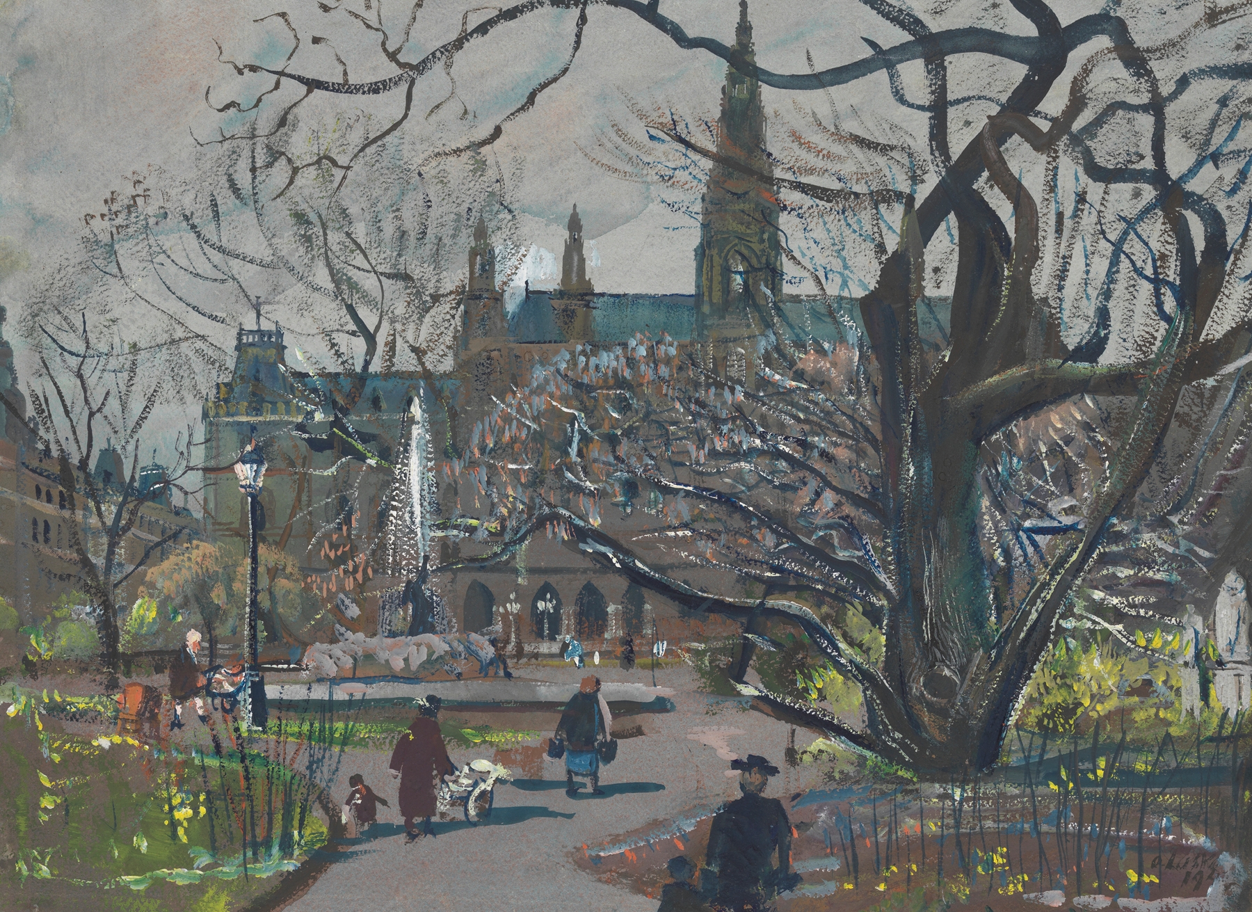Spring scene featuring Rathaus by Oskar Laske, impressionism