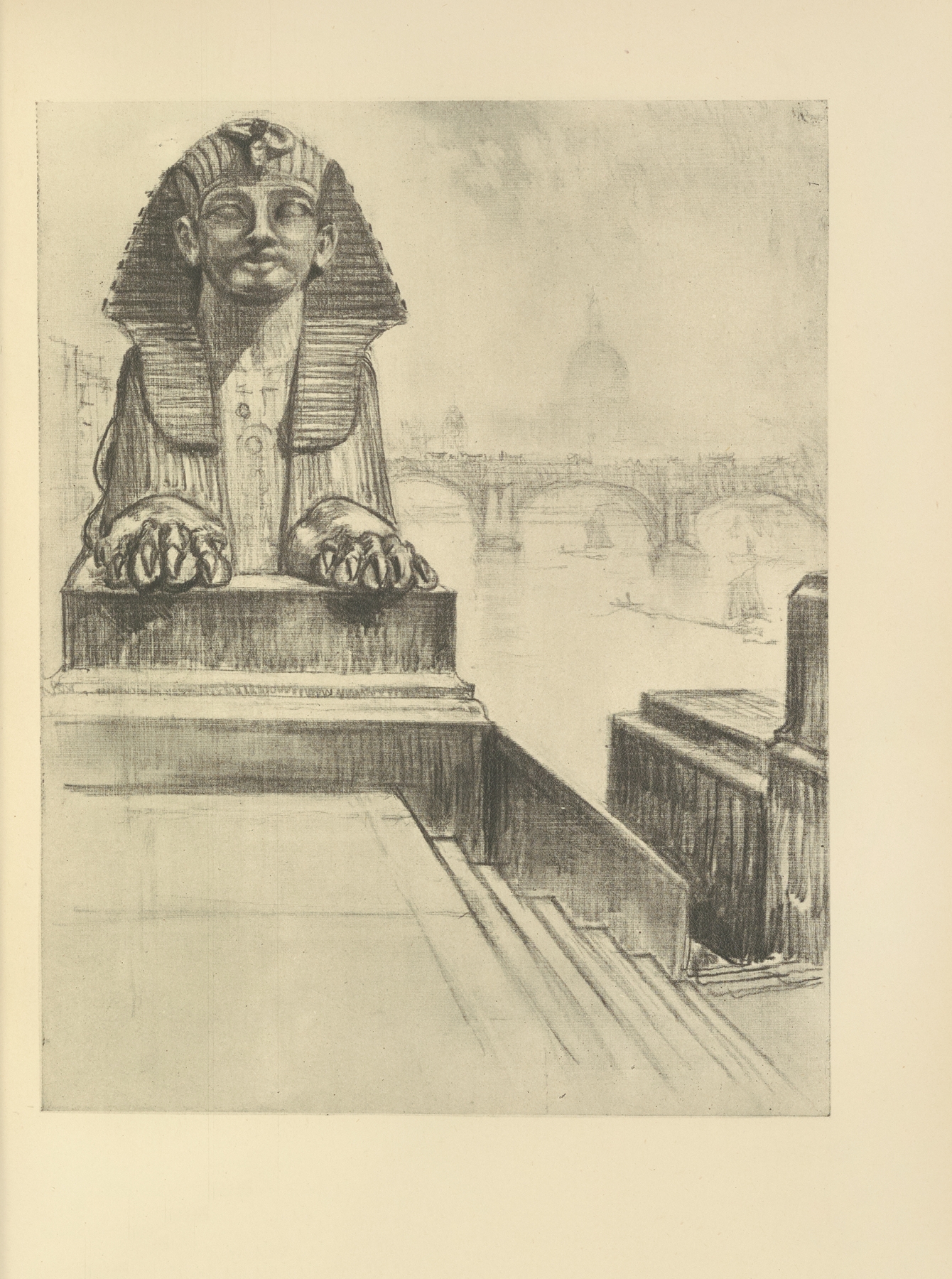 The Sphinx by Joseph Pennell, ink on paper, featuring ancient architecture and warm golden light.