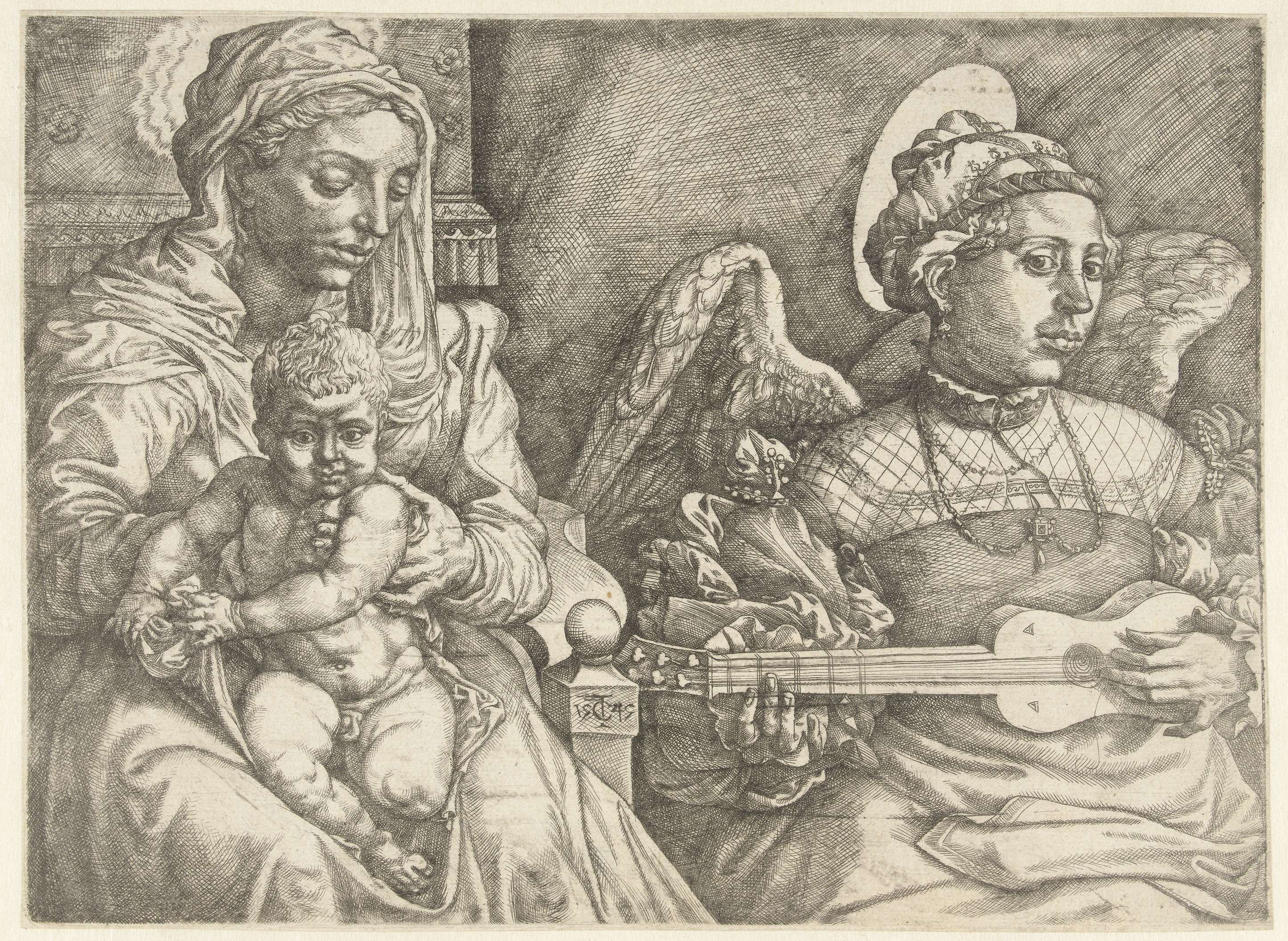 The Virgin and Child with an Angel Making Music, etching by Jan Cornelisz Vermeyen