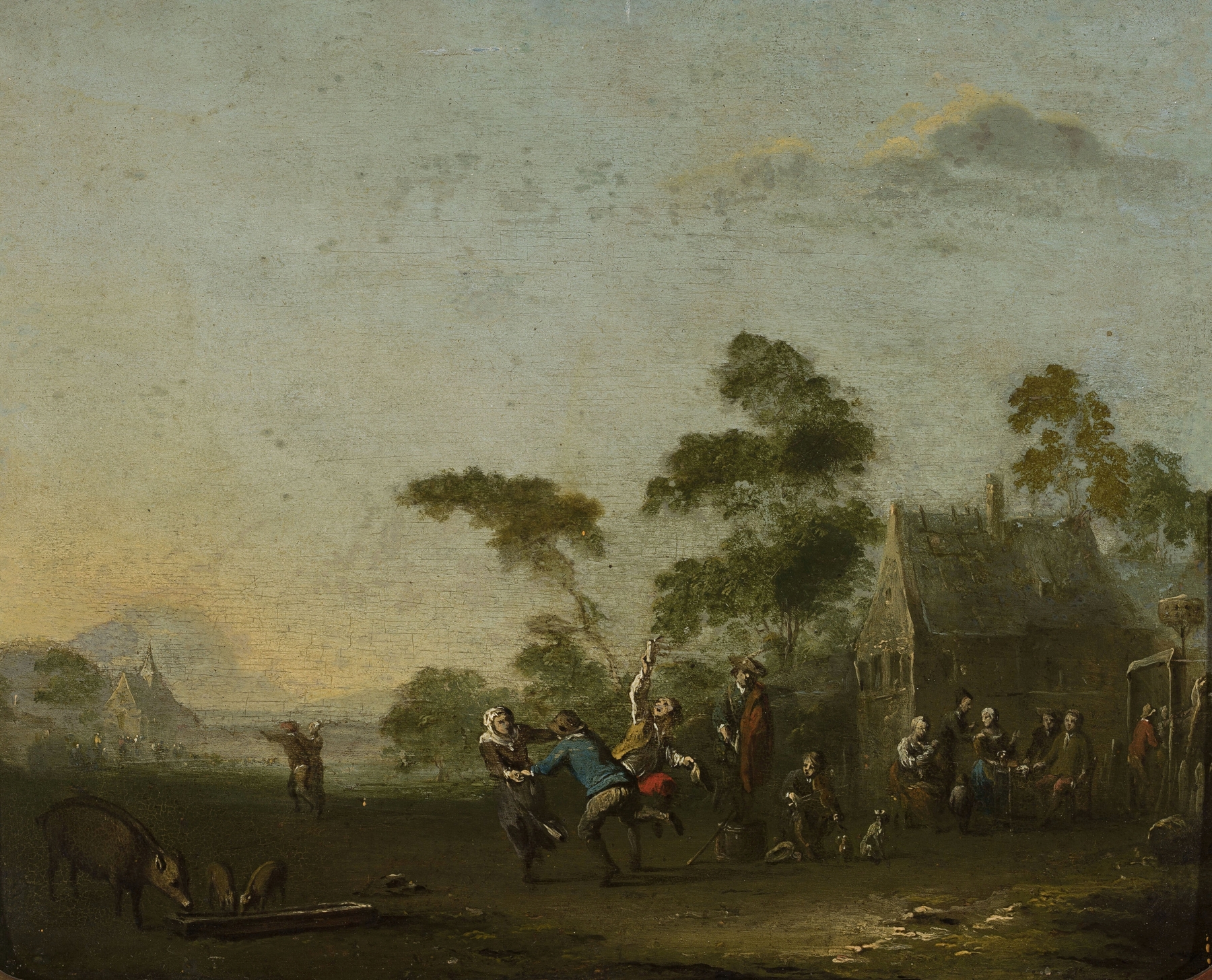 Genre scene depicting villagers celebrating in a countryside landscape, oil painting by Norbert Joseph Carl Grund.