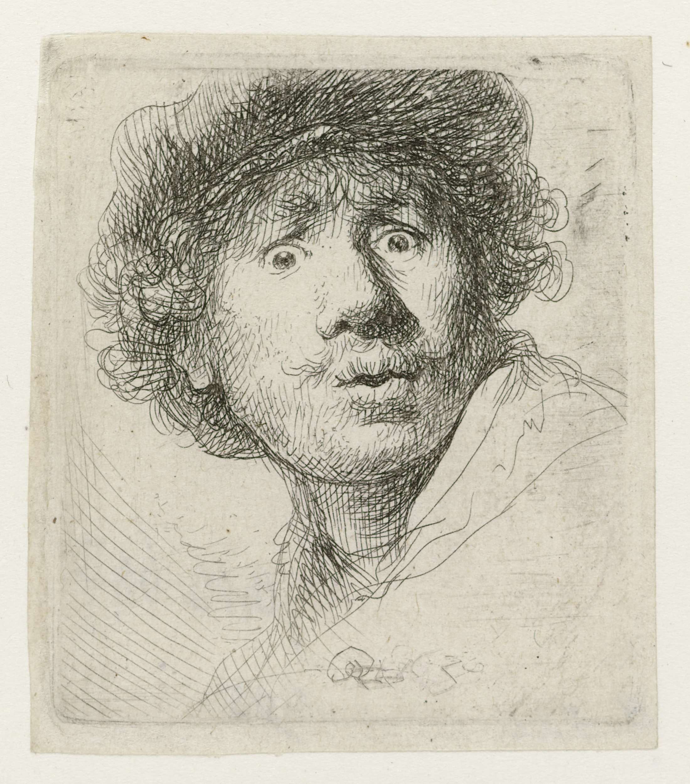 Self-portrait in a Cap, Wide-eyed and Open-mouthed etching by Rembrandt van Rijn