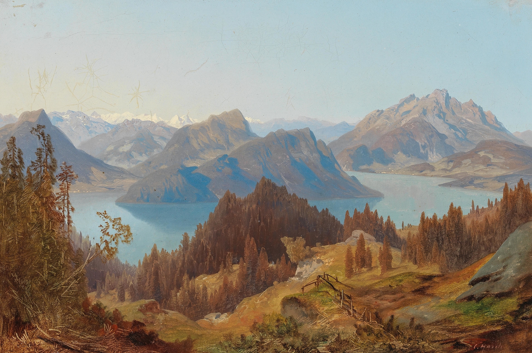 Luzerner See by Carl Hasch, oil on canvas depicting a tranquil lake and mountains.