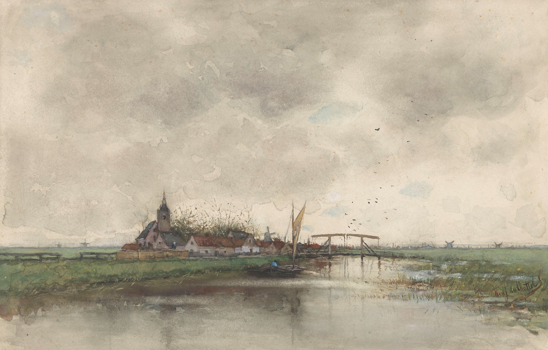 Landscape with a village and river by Fredericus Jacobus van Rossum du Chattel, oil painting