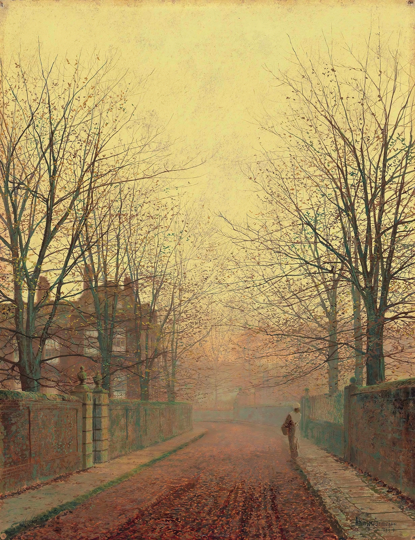 Autumn landscape oil painting by John Atkinson Grimshaw, featuring golden leaves and a cobblestone path.